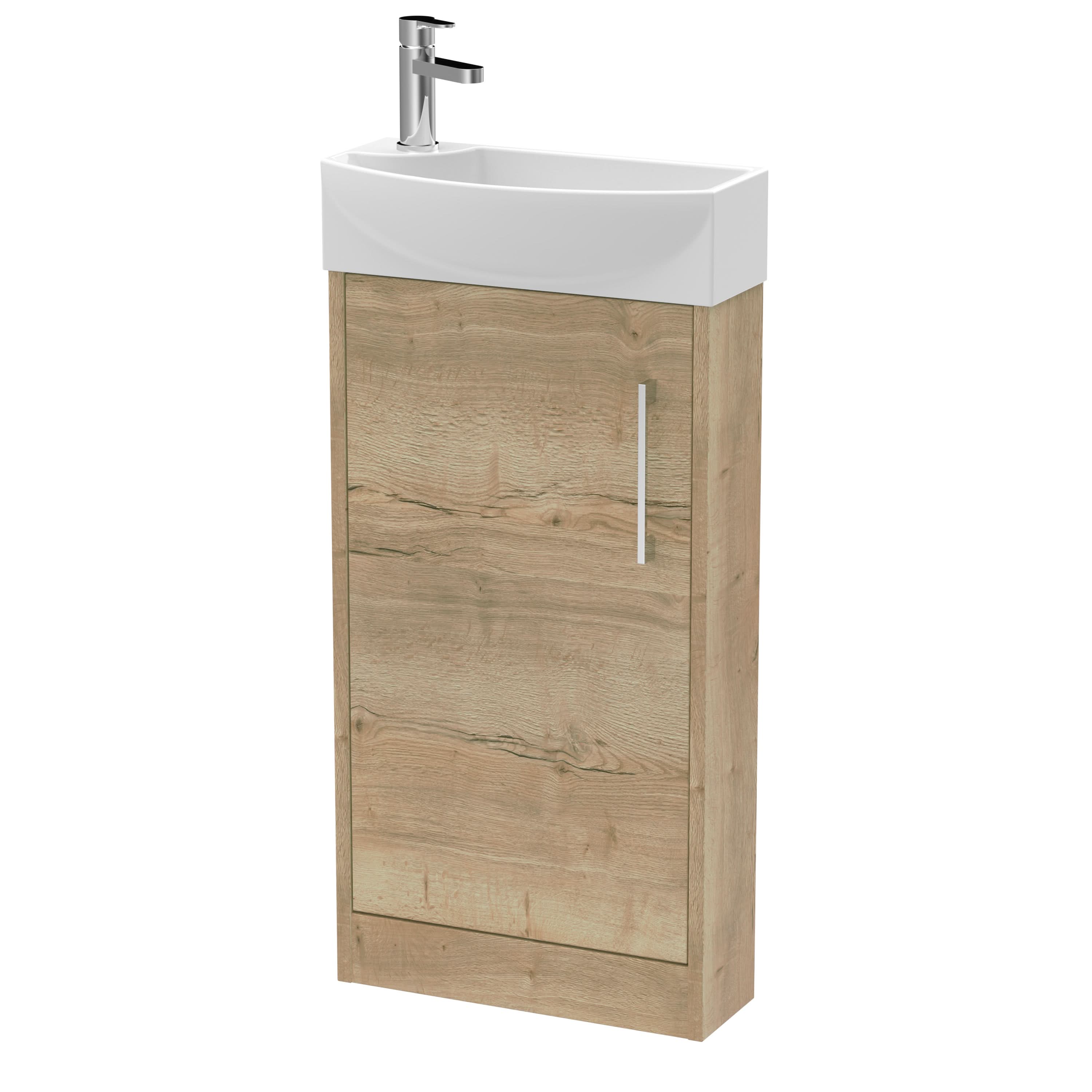 Hudson Reed Juno Compact Floor Standing Single Door Unit and 1 Tap Hole Basin, Right Hand Cloakroom Sink Vanity Unit, Autumn Oak, 440mm