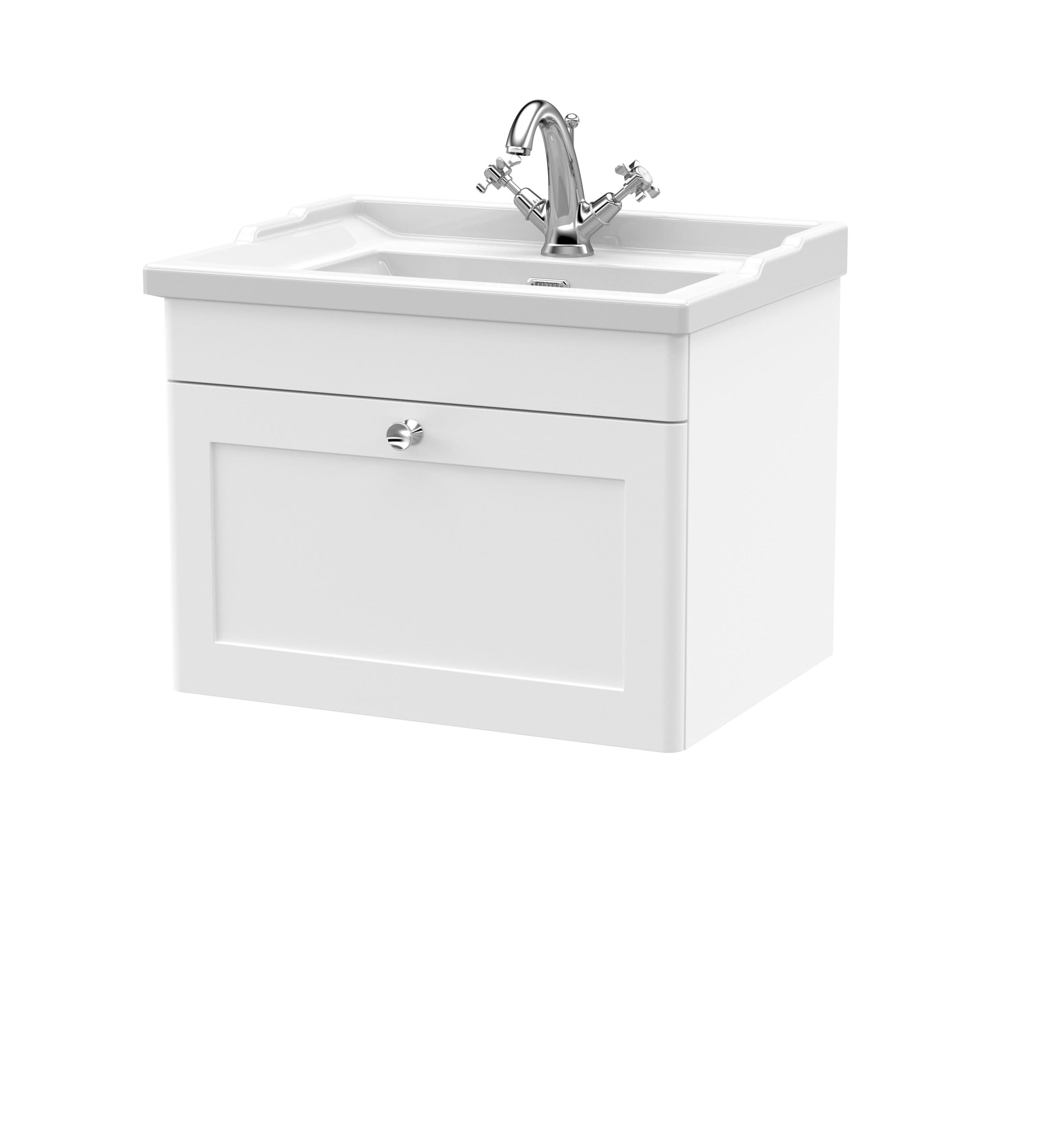 Nuie Classique Wall Hung 1 Drawer Vanity Unit & 1 Tap Hole Fireclay Basin, Stylish Sink Vanity Unit in Satin White, 600mm