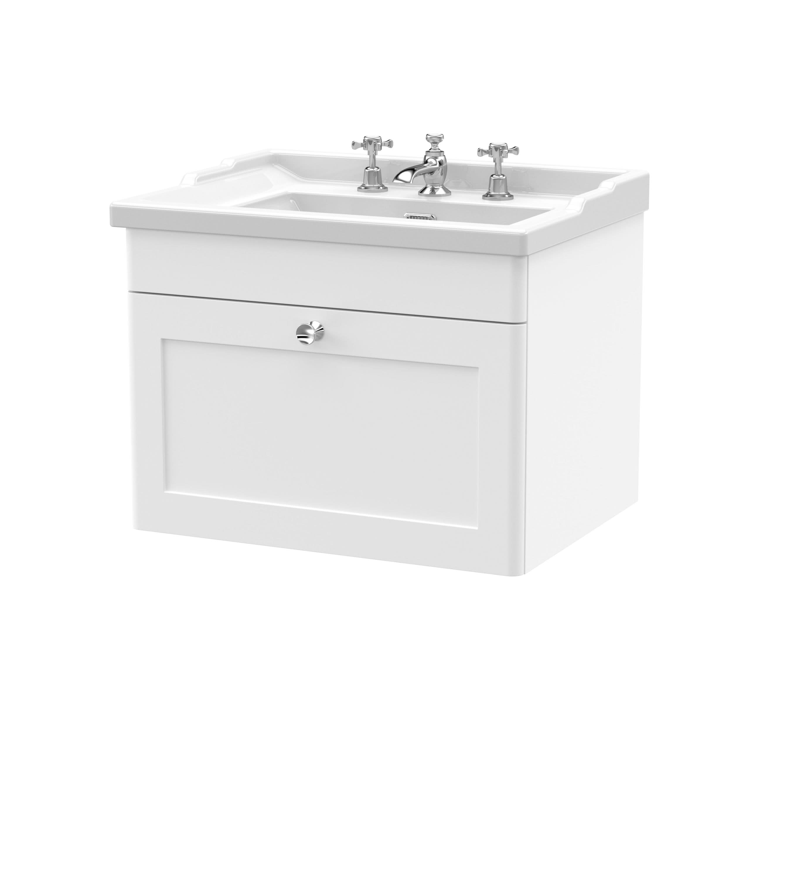 Nuie Classique Wall Hung 1 Drawer Vanity Unit & 3 Tap Hole Fireclay Basin, Stylish Sink Vanity Unit in Satin White, 600mm