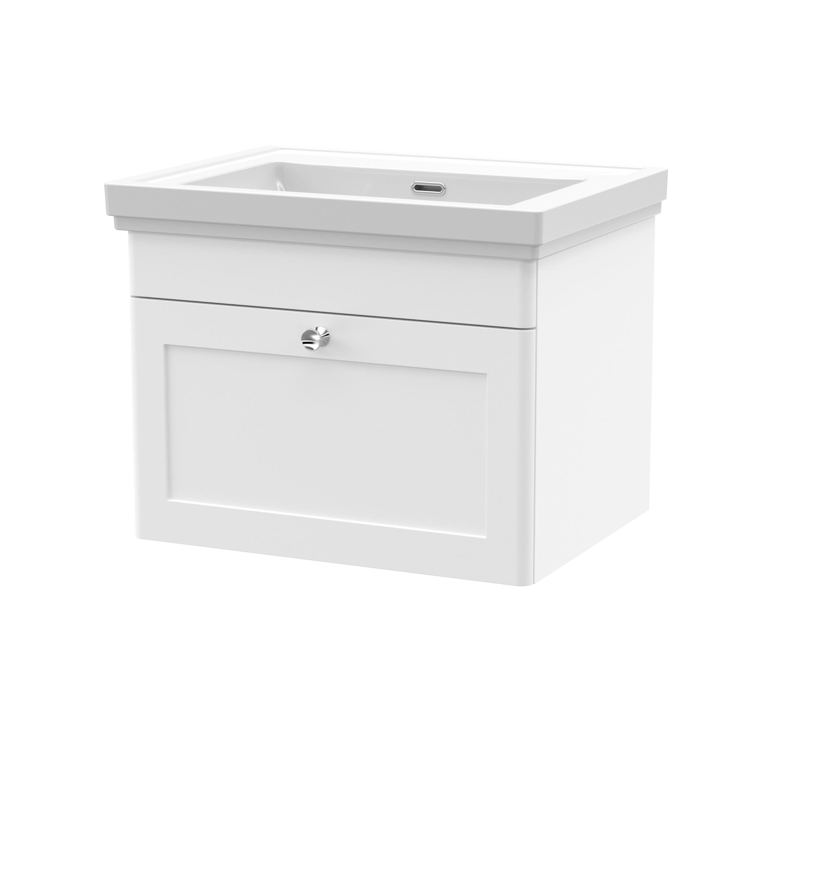 Nuie Classique Wall Hung 1 Drawer Vanity Unit without Tap Hole Fireclay Basin, Stylish Sink Vanity Unit in Satin White, 600mm