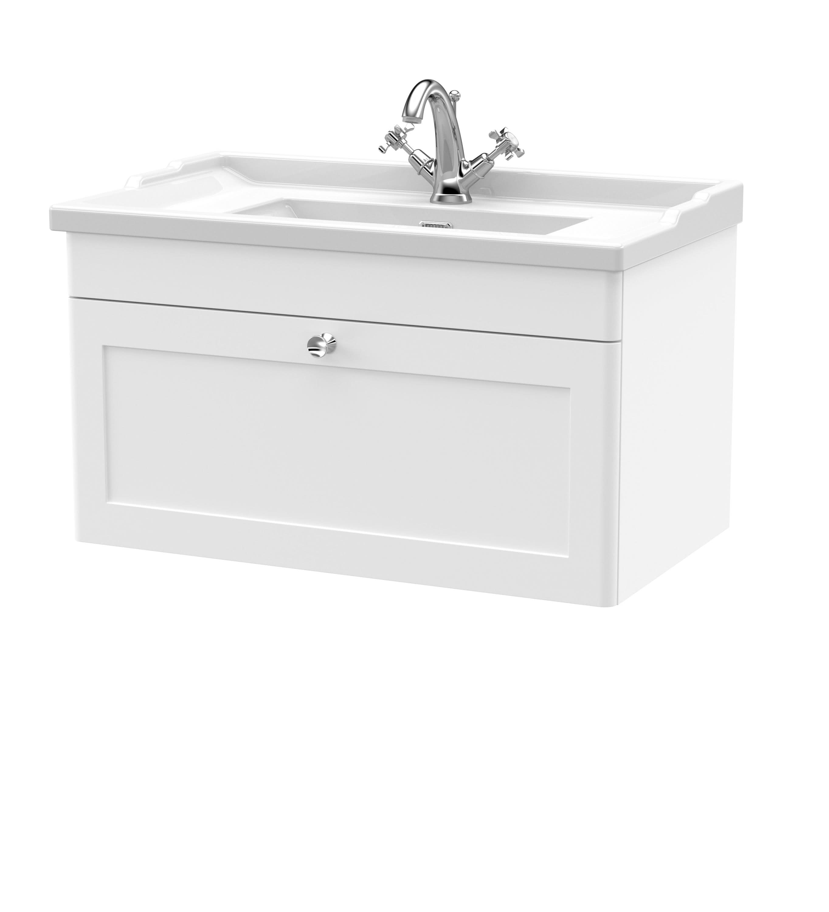 Nuie Classique Wall Hung 1 Drawer Unit & 1 Tap Hole Fireclay Basin, Stylish Sink Vanity Unit in Satin White, 800mm