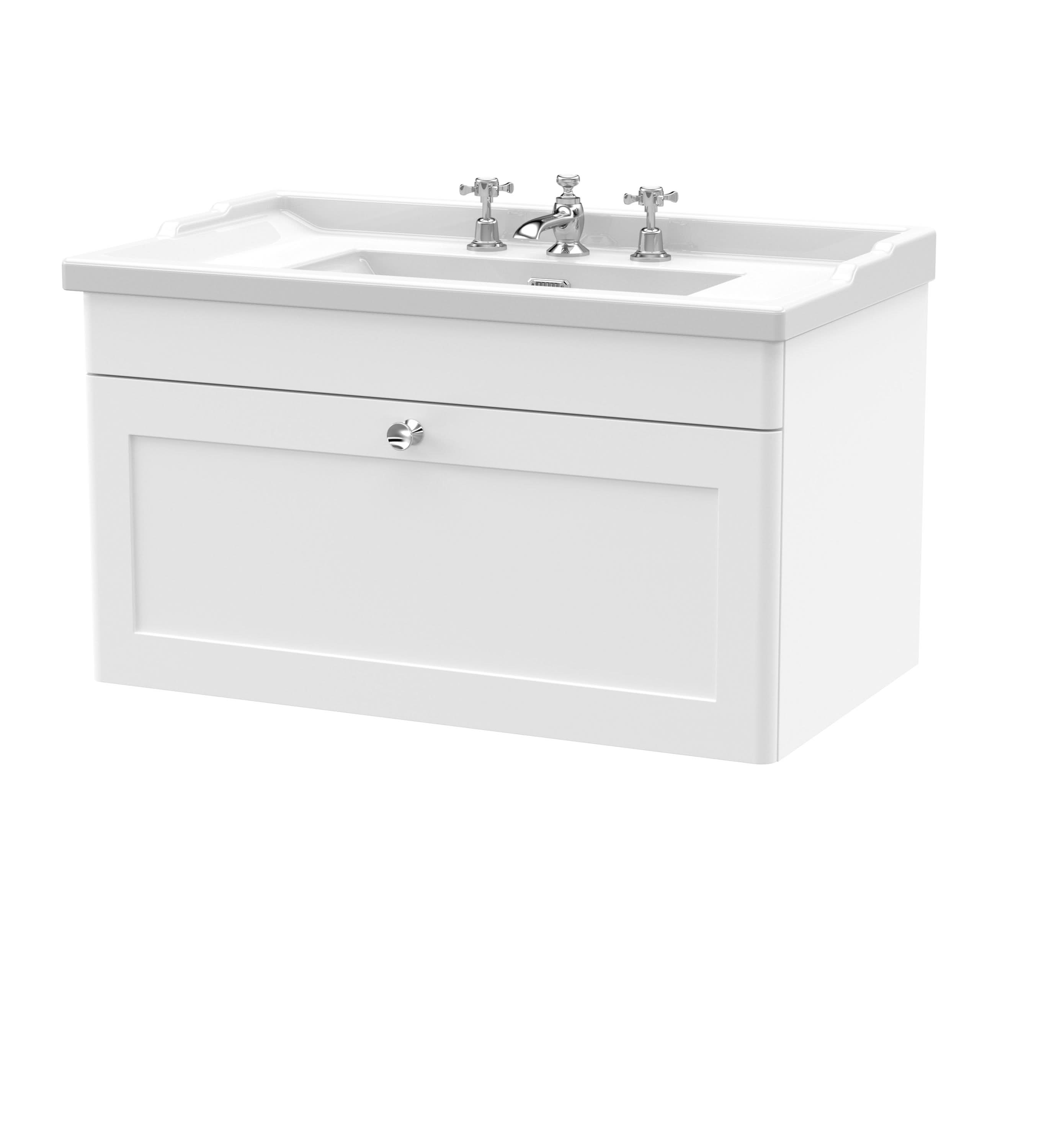 Nuie Classique Wall Hung 1 Drawer Unit & 3 Tap Hole Fireclay Basin, Stylish Sink Vanity Unit in Satin White, 800mm
