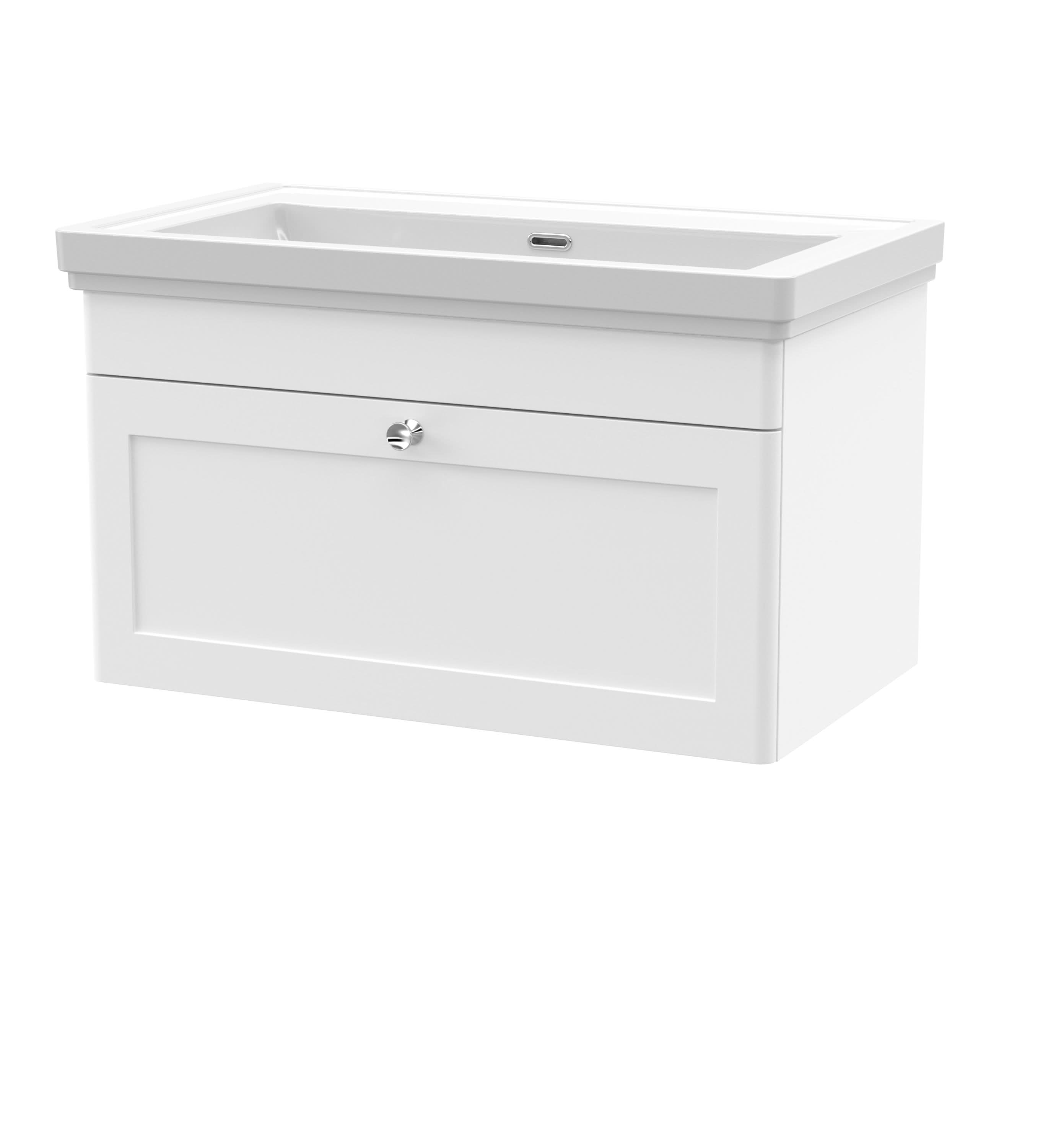 Nuie Classique Wall Hung 1 Drawer Vanity Unit without Tap Hole Fireclay Basin, Stylish Sink Vanity Unit in Satin White with White Basin, 800mm