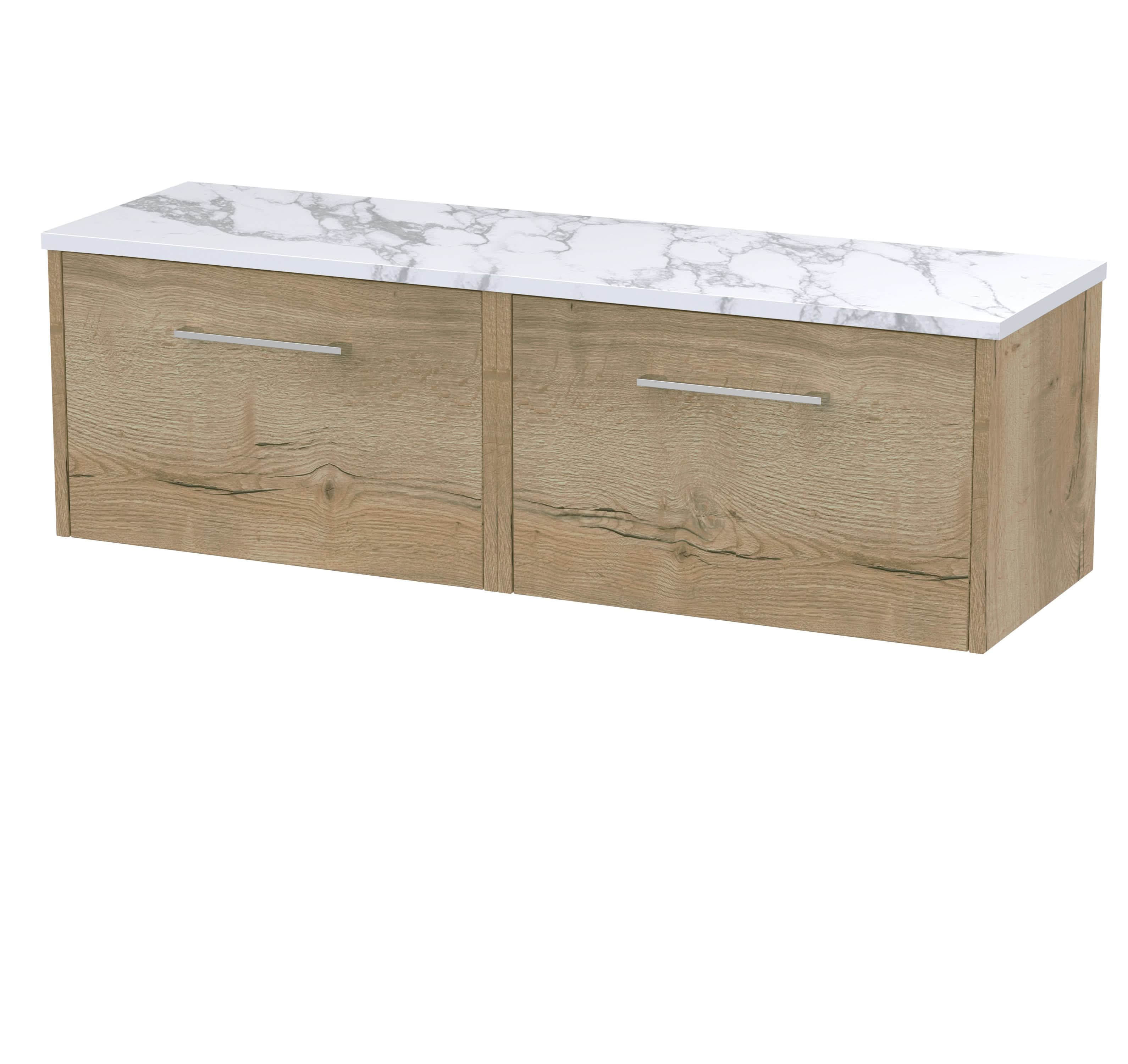 Hudson Reed Juno Wall Hung 2-Drawer Vanity Unit & Carrera Marble Worktop, Sleek Countertop Basin Unit in Autumn Oak, 1200mm