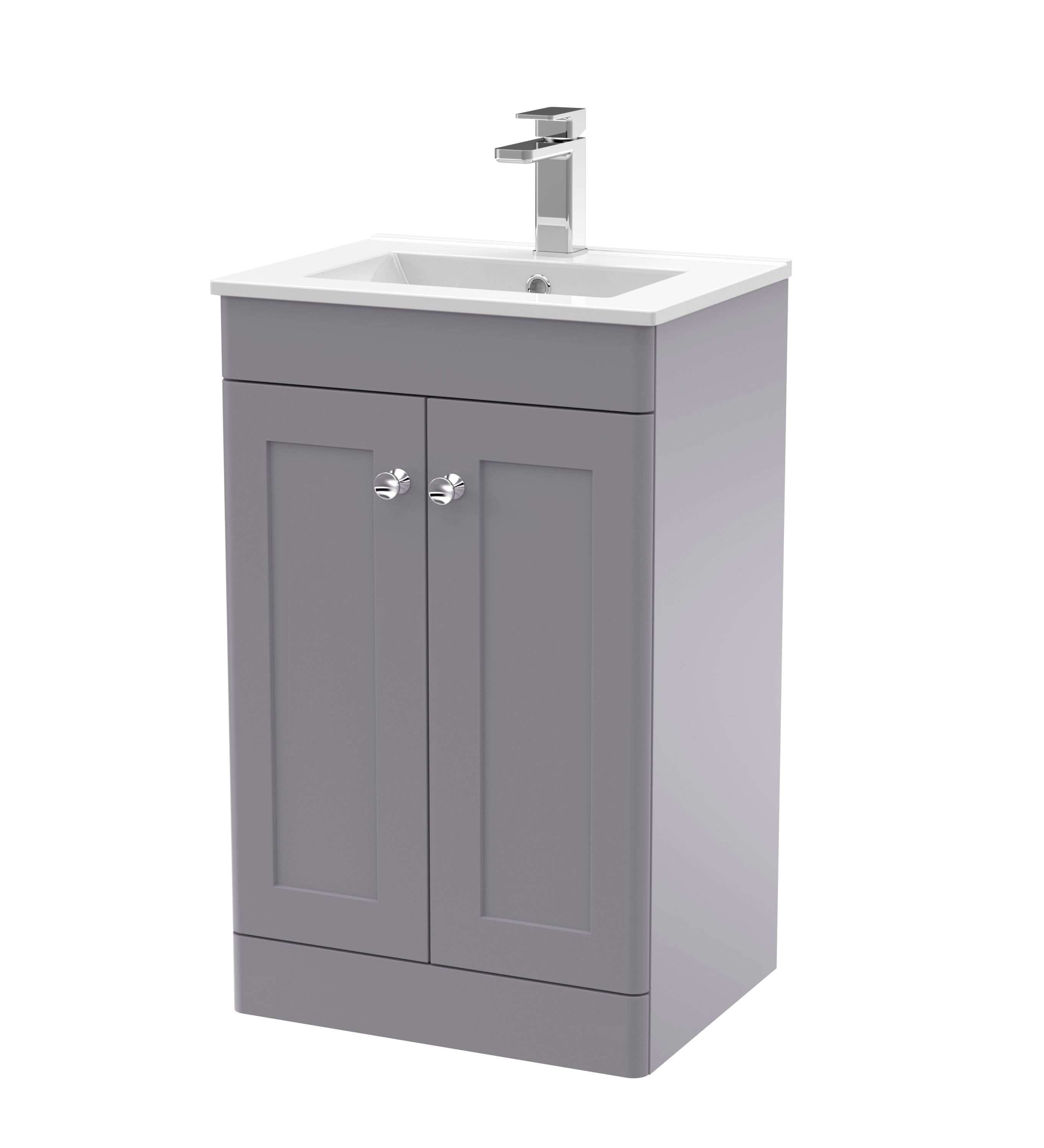 Nuie Classique Floor Standing 2 Door Vanity Unit & Minimalist Ceramic Basin, Stylish Sink Vanity Unit in Satin Grey with White Basin, 500mm