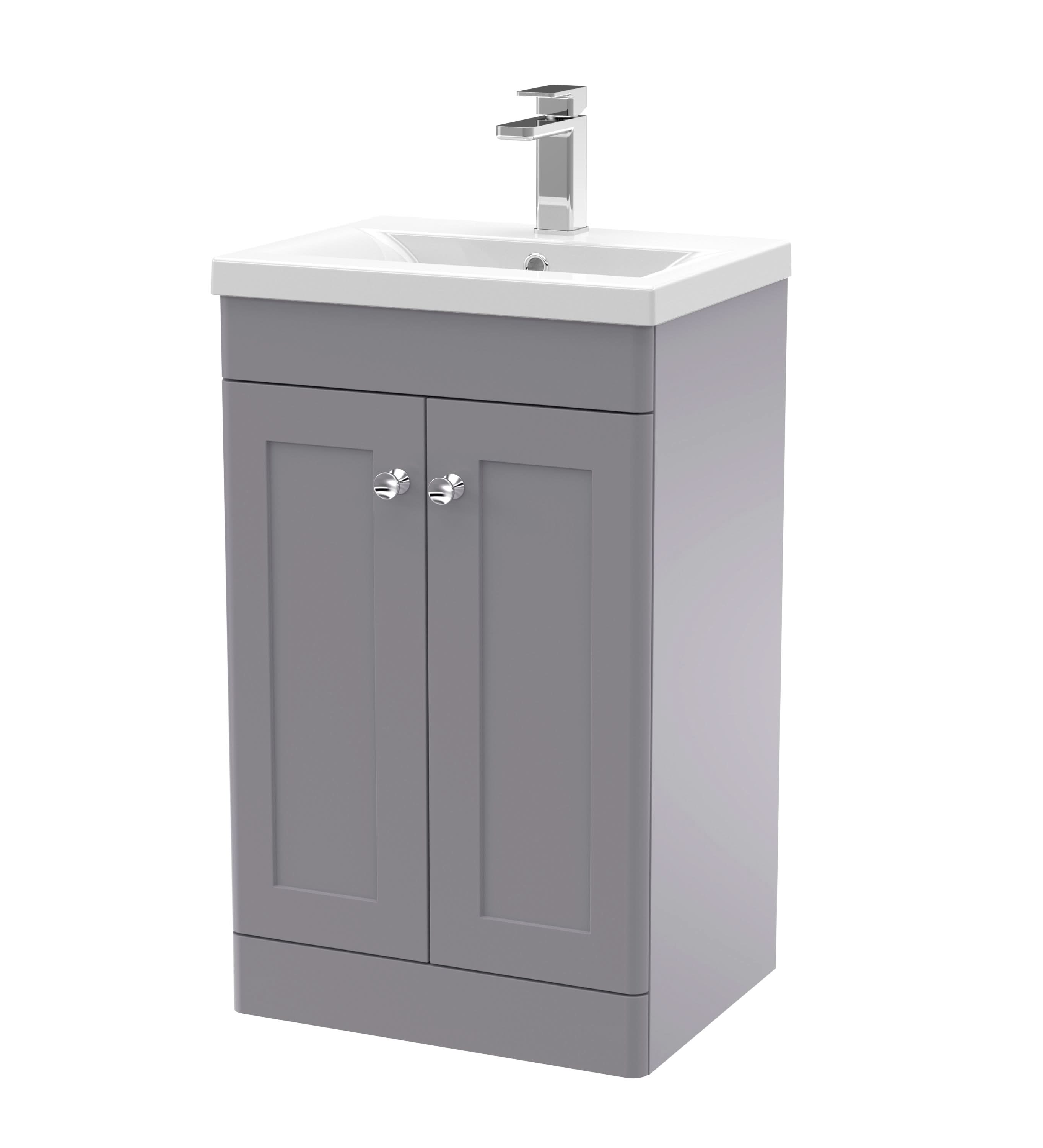 Nuie Classique Floor Standing 2 Door Vanity Unit & Mid-Edge Ceramic Basin, Stylish Sink Vanity Unit in Satin Grey with White Basin, 500mm