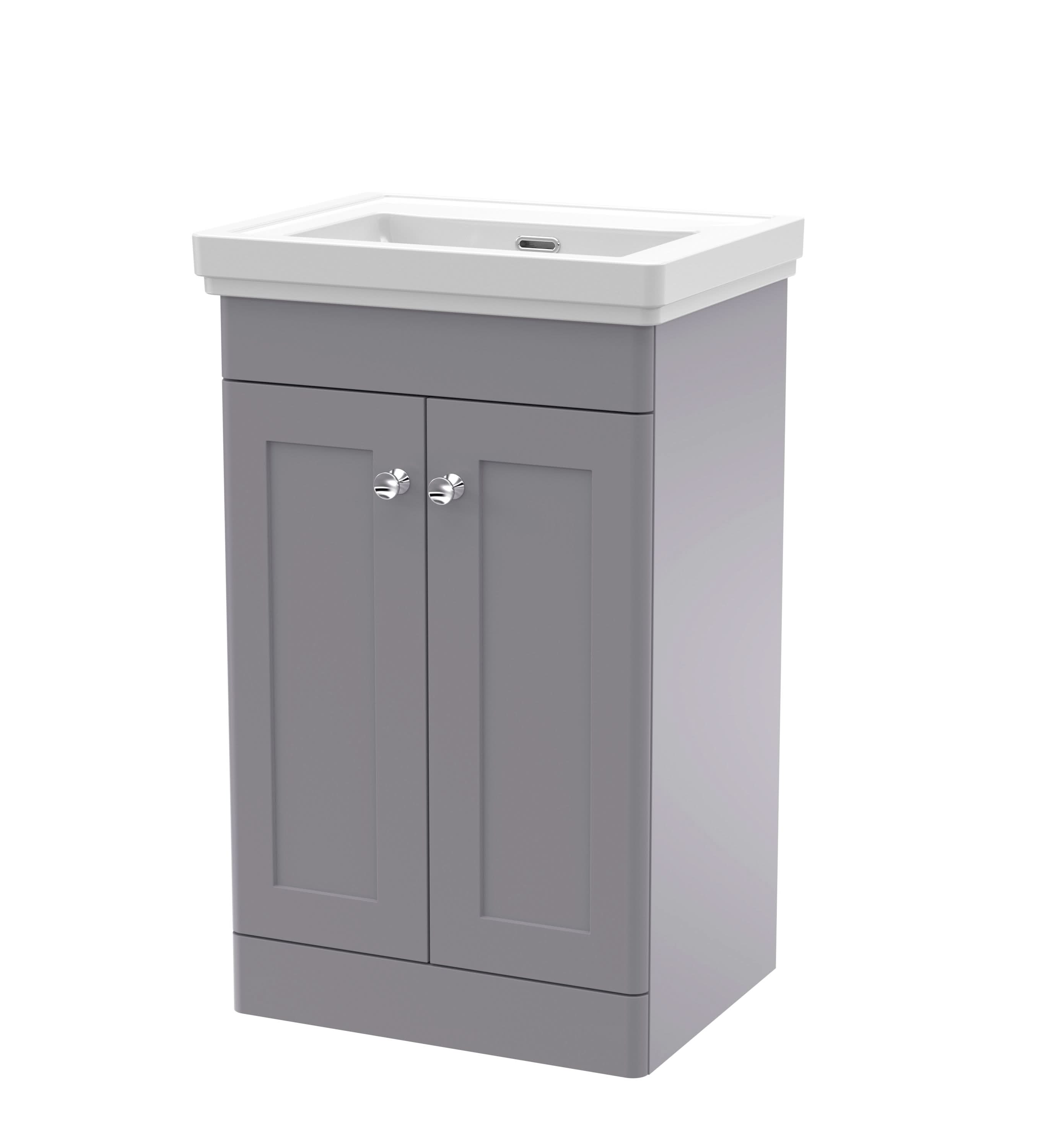 Nuie Classique Floor Standing 2 Door Vanity Unit without Tap Hole Fireclay Basin, Stylish Sink Vanity Unit in Satin Grey with White Basin, 500mm