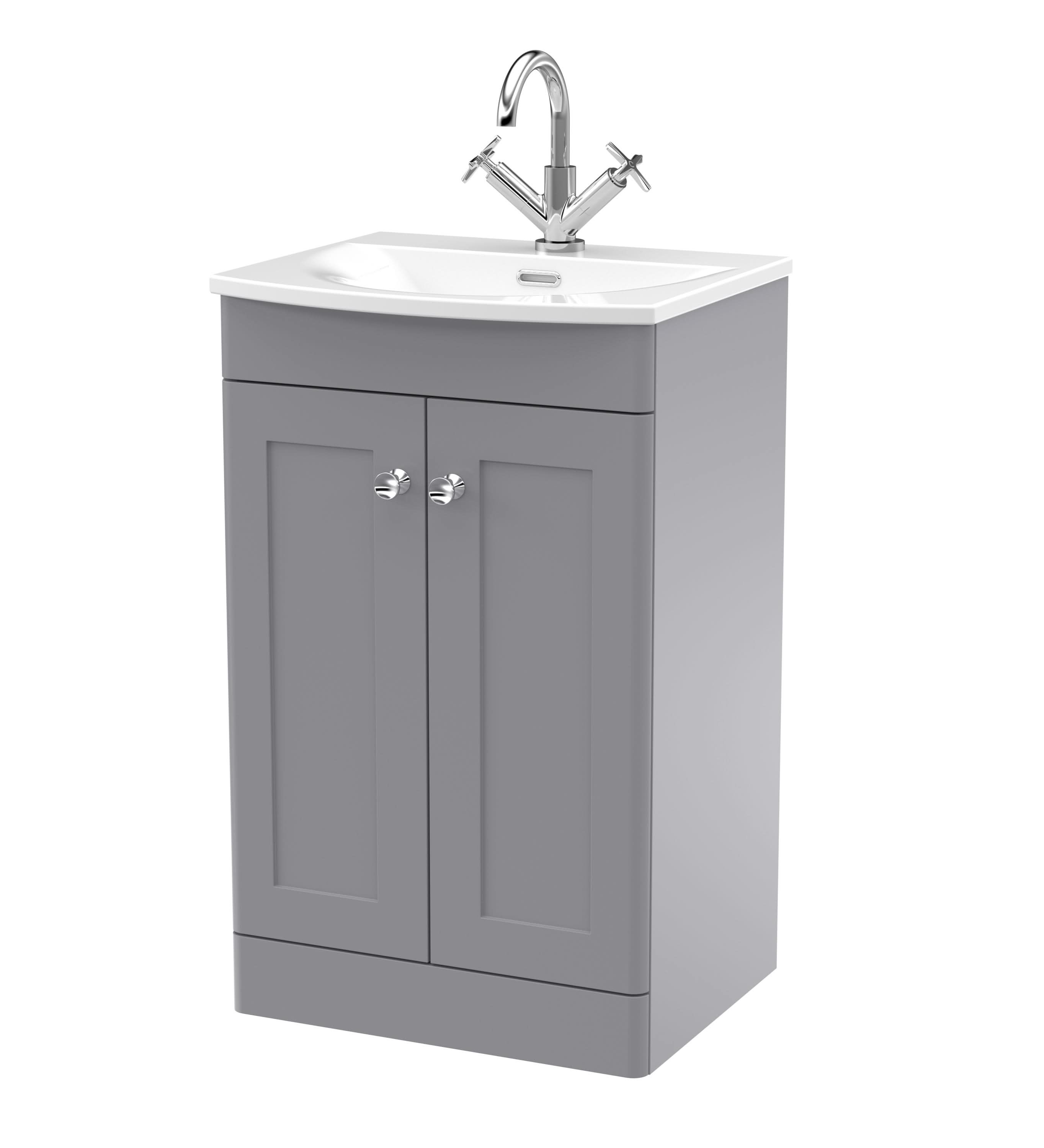 Nuie Classique Floor Standing 2 Door Vanity Unit & Curved Ceramic Basin, Stylish Sink Vanity Unit in Satin Grey with White Basin, 500mm
