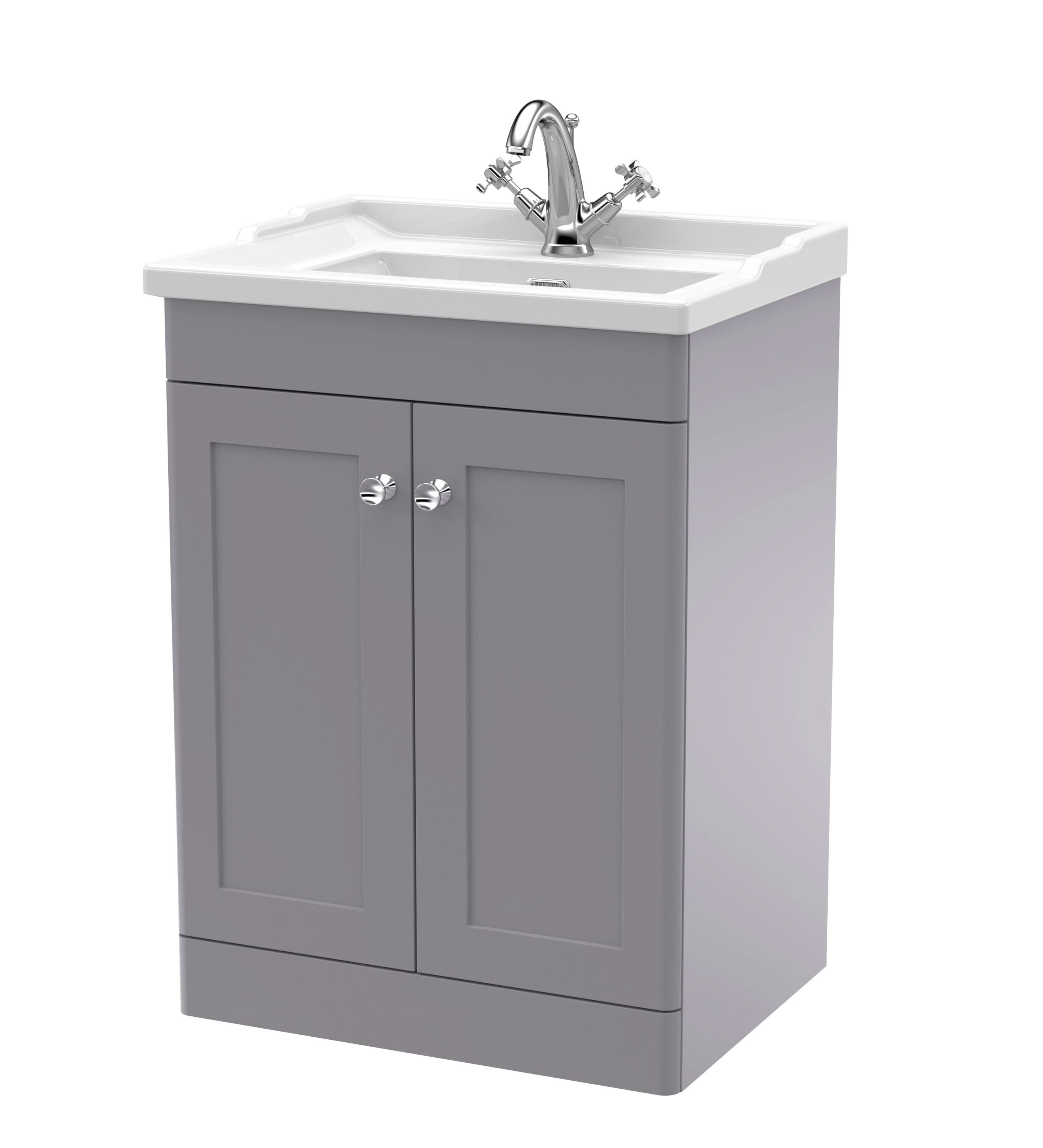 Nuie Classique Floor Standing 2 Door Vanity Unit & 1 Tap Hole Fireclay Basin, Stylish Sink Vanity Unit in Satin Grey with White Basin, 600mm