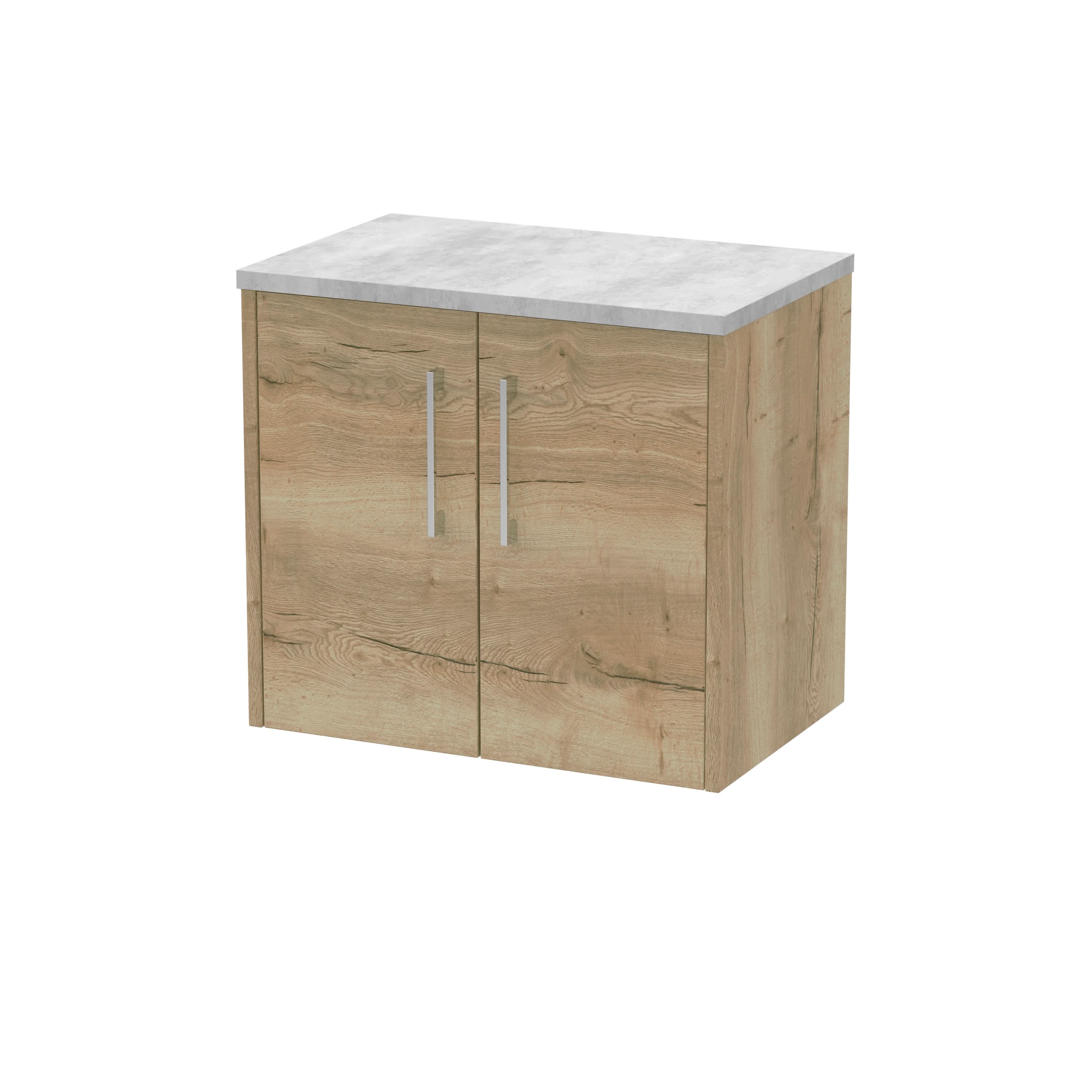 Hudson Reed Juno Wall Hung 1-Door Vanity Unit & Bellato Grey Worktop, Stylish Countertop Basin Unit in Autumn Oak, 600mm