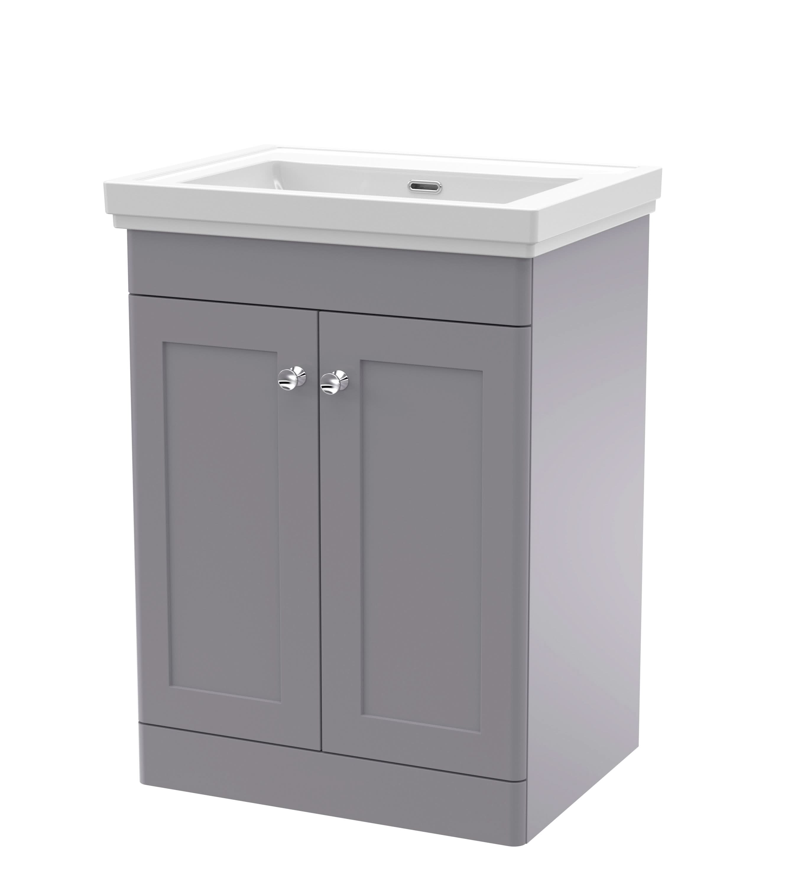 Nuie Classique Floor Standing 2 Door Vanity Unit without Tap Hole Fireclay Basin, Stylish Sink Vanity Unit in Satin Grey with White Basin, 600mm