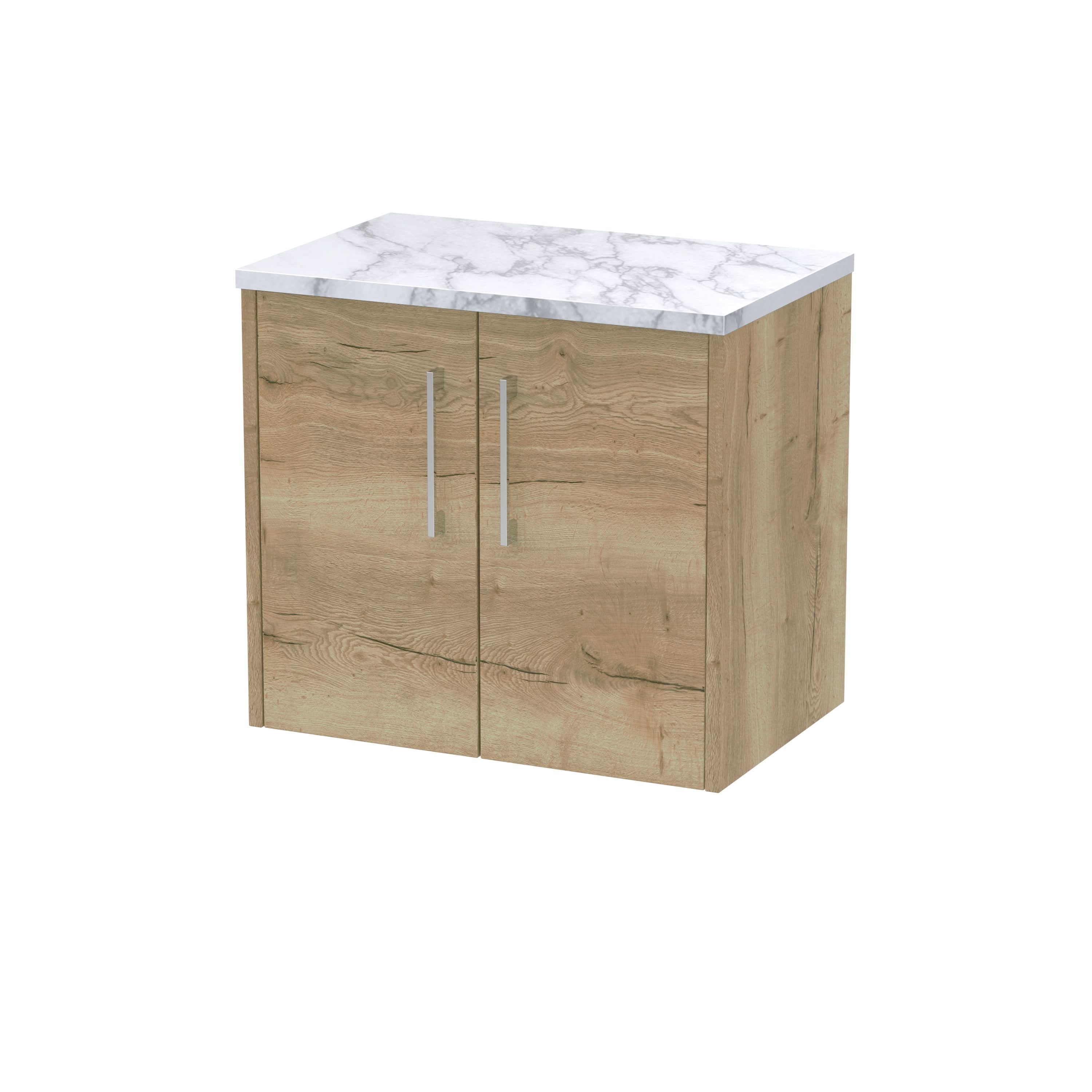 Hudson Reed Juno Wall Hung 2-Door Vanity & Carrera Marble Laminate Worktop, Stylish Countertop Basin Unit in Autumn Oak, 600mm