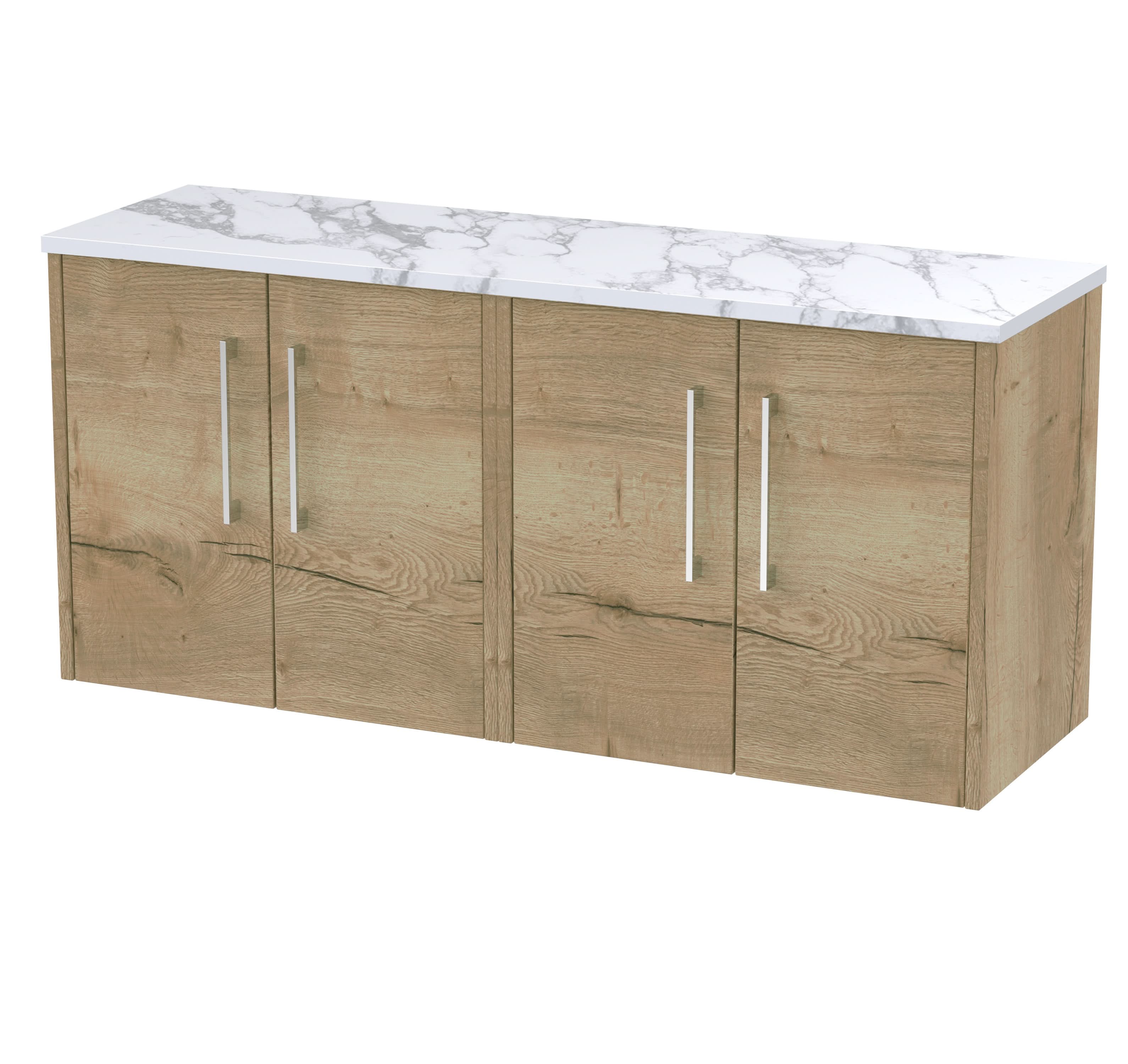 Hudson Reed Juno Wall Hung 4-Door Vanity & Carrera Marble Laminate Worktop, Stylish Countertop Basin Unit in Autumn Oak, 1200mm