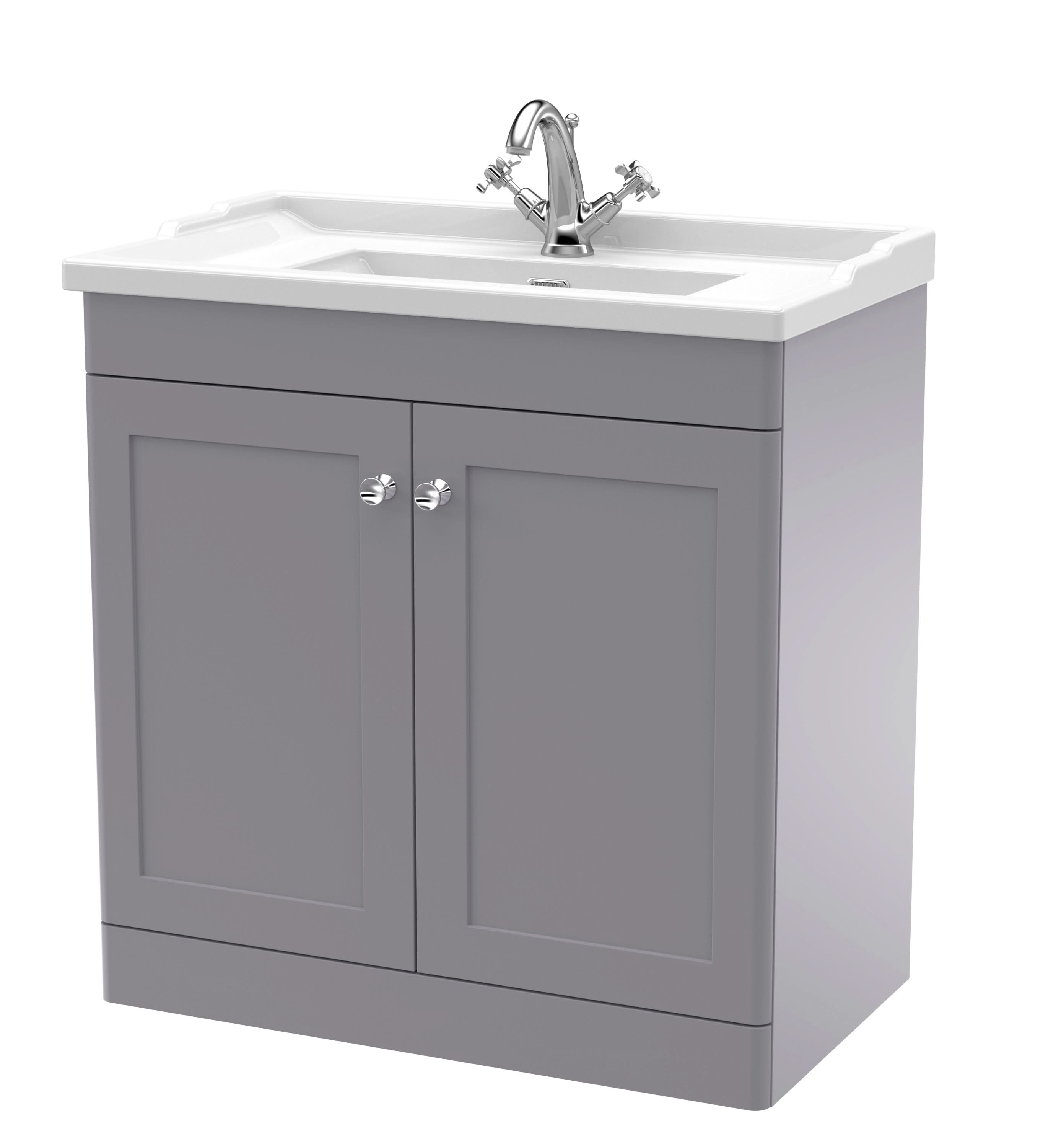 Nuie Classique Floor Standing 2 Door Vanity Unit & 1 Tap Hole Fireclay Basin, Stylish Sink Vanity Unit in Satin Grey with White Basin, 800mm