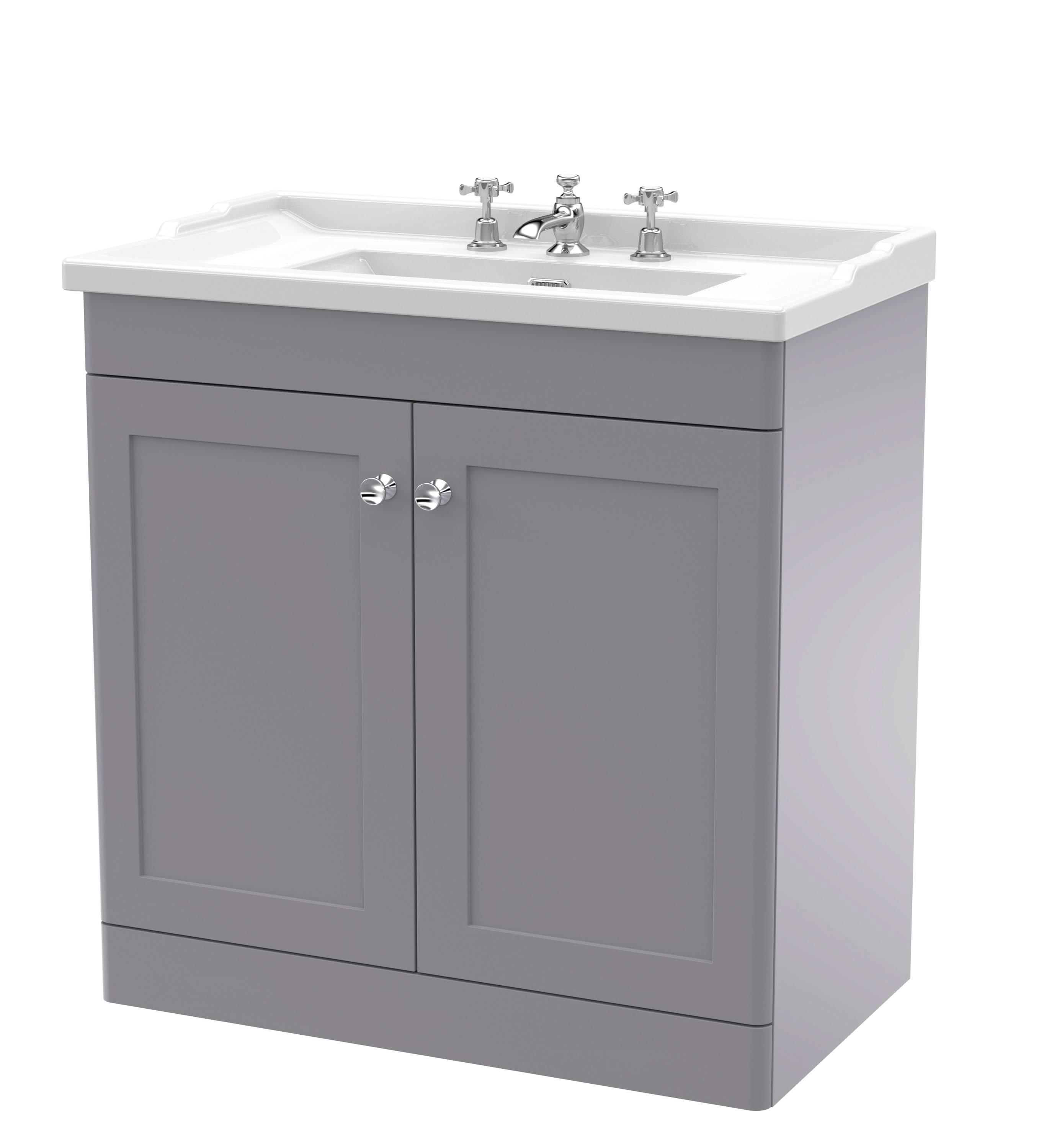 Nuie Classique Floor Standing 2 Door Vanity Unit & 3 Tap Hole Fireclay Basin, Stylish Sink Vanity Unit in Satin Grey with White Basin, 800mm