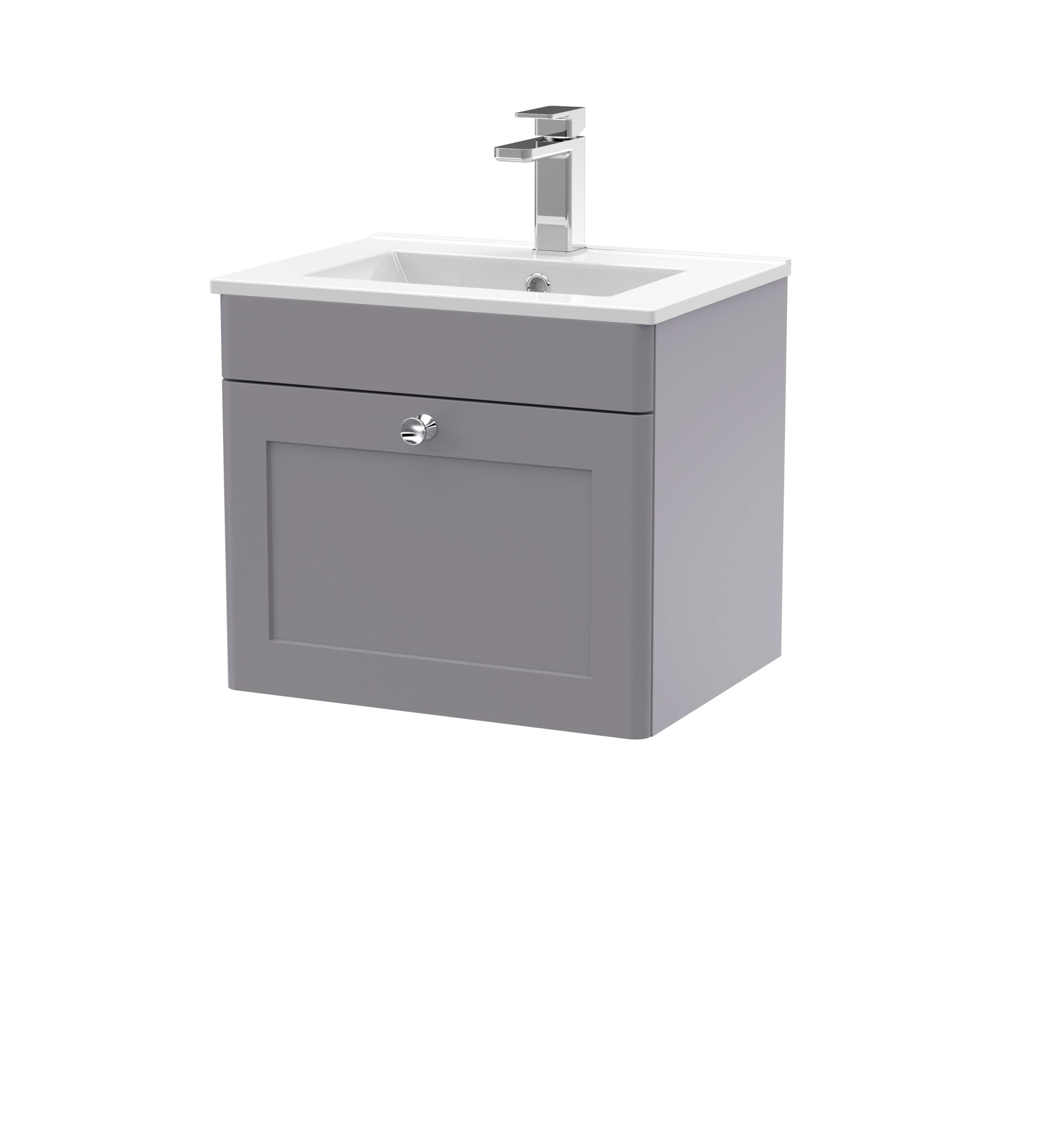 Nuie Classique Wall Hung 1 Drawer Vanity Unit & Minimalist Ceramic Basin, Contemporary Sink Vanity Unit in Satin Grey with White Basin, 500mm