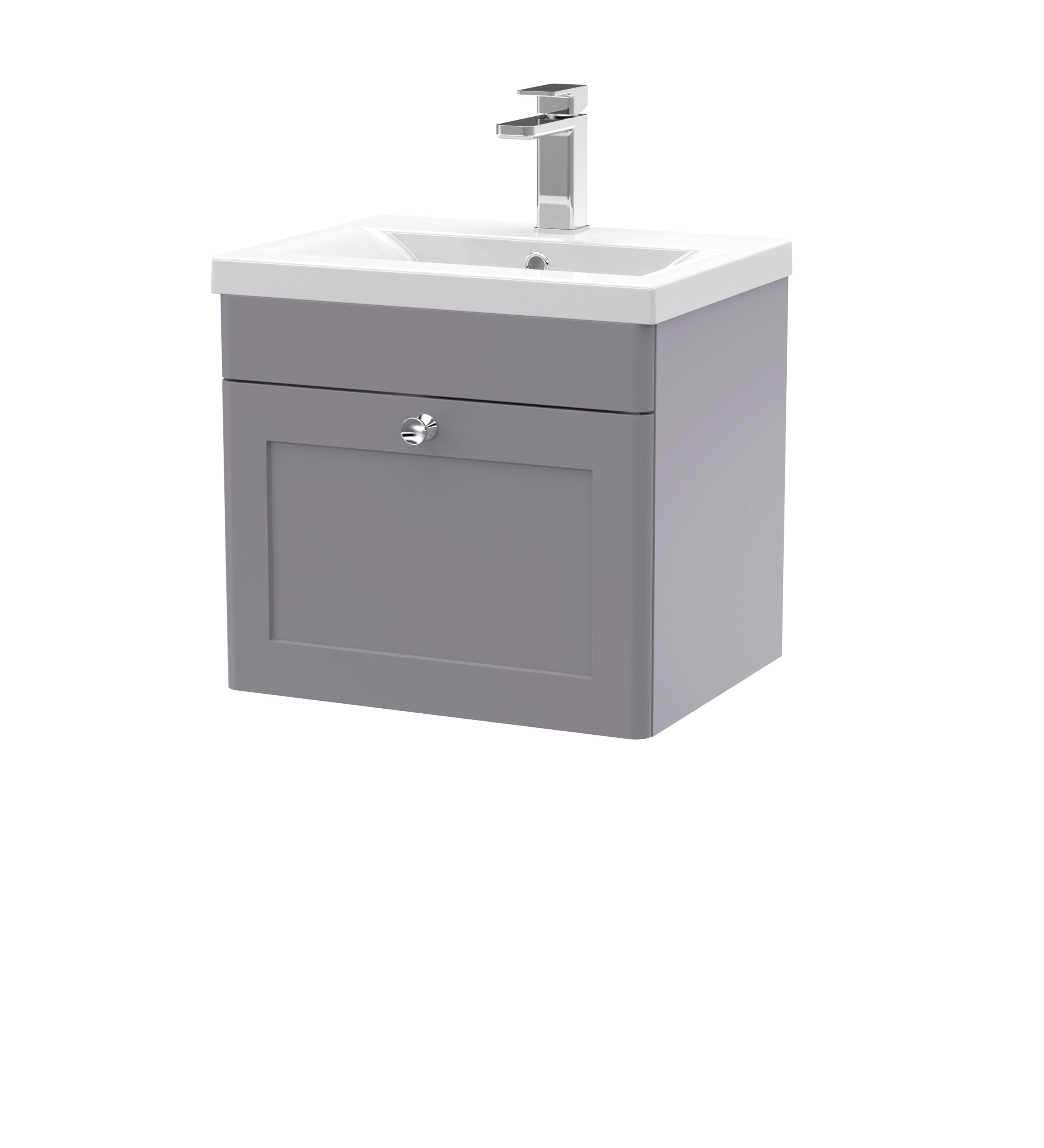 Nuie Classique Wall Hung 1 Drawer Vanity Unit &  Mid-Edge Ceramic Basin, Contemporary Sink Vanity Unit in Satin Grey with White Basin, 500mm