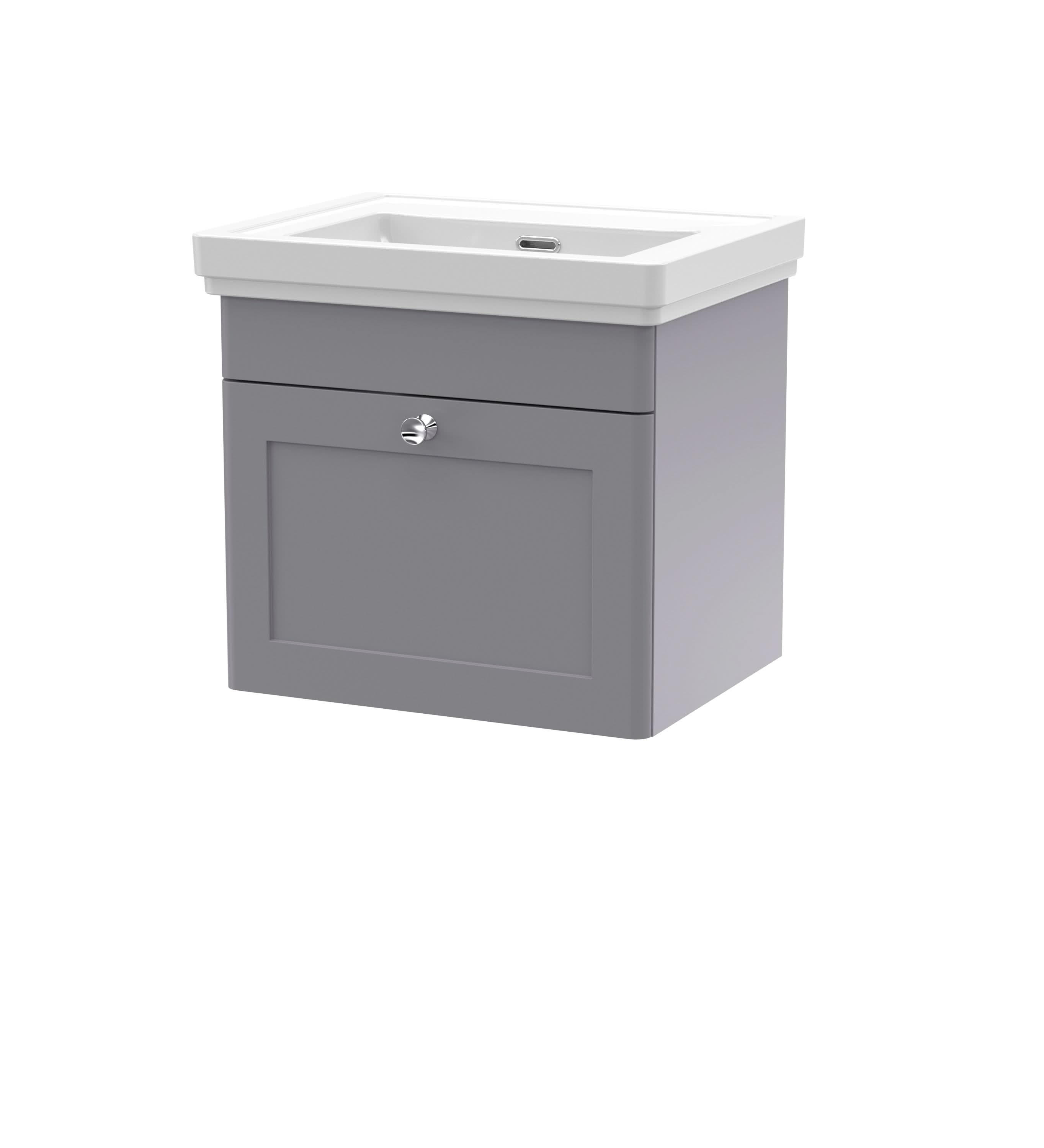 Nuie Classique Wall Hung 1 Drawer Vanity Unit without Tap Hole Fireclay Basin, Contemporary Sink Vanity Unit in Satin Grey with White Basin, 500mm
