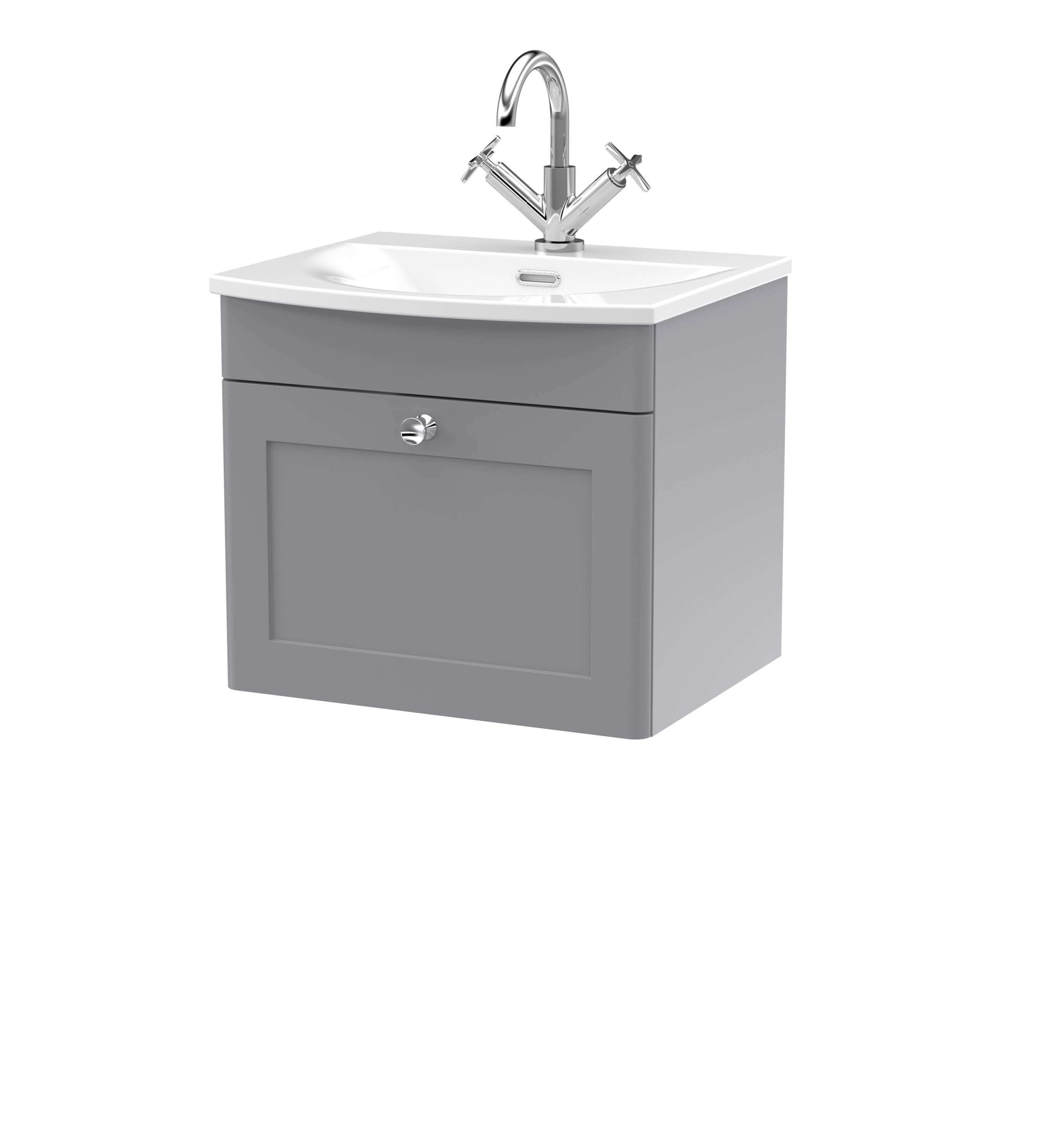 Nuie Classique Wall Hung 1 Drawer Vanity Unit & Curved Ceramic Basin, Contemporary Sink Vanity Unit in Satin Grey with White Basin, 500mm