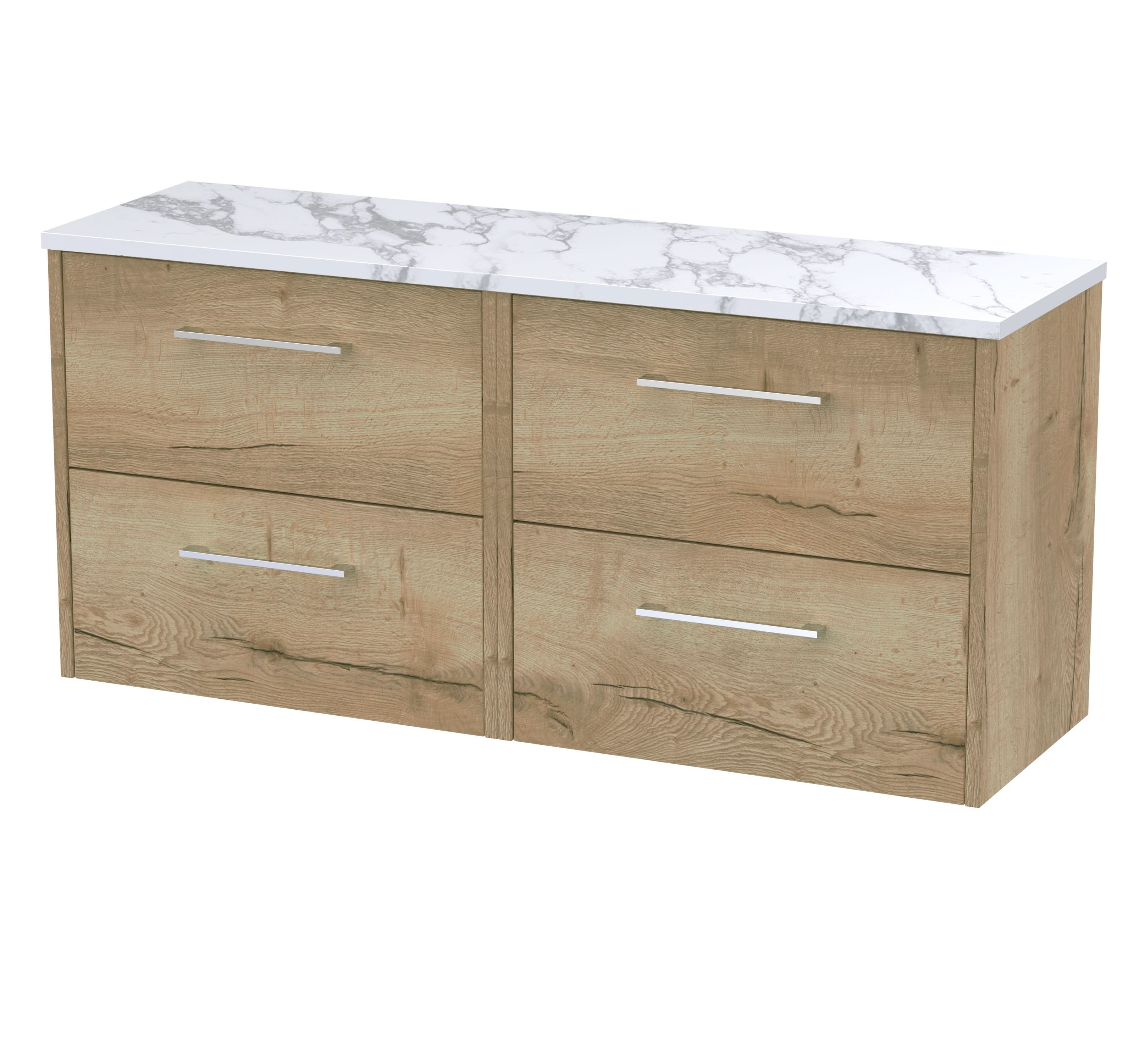 Hudson Reed Juno Wall Hung 4-Drawer Vanity Unit & Carrera Marble Worktop, Countertop Basin Unit in Autumn Oak, 1200mm