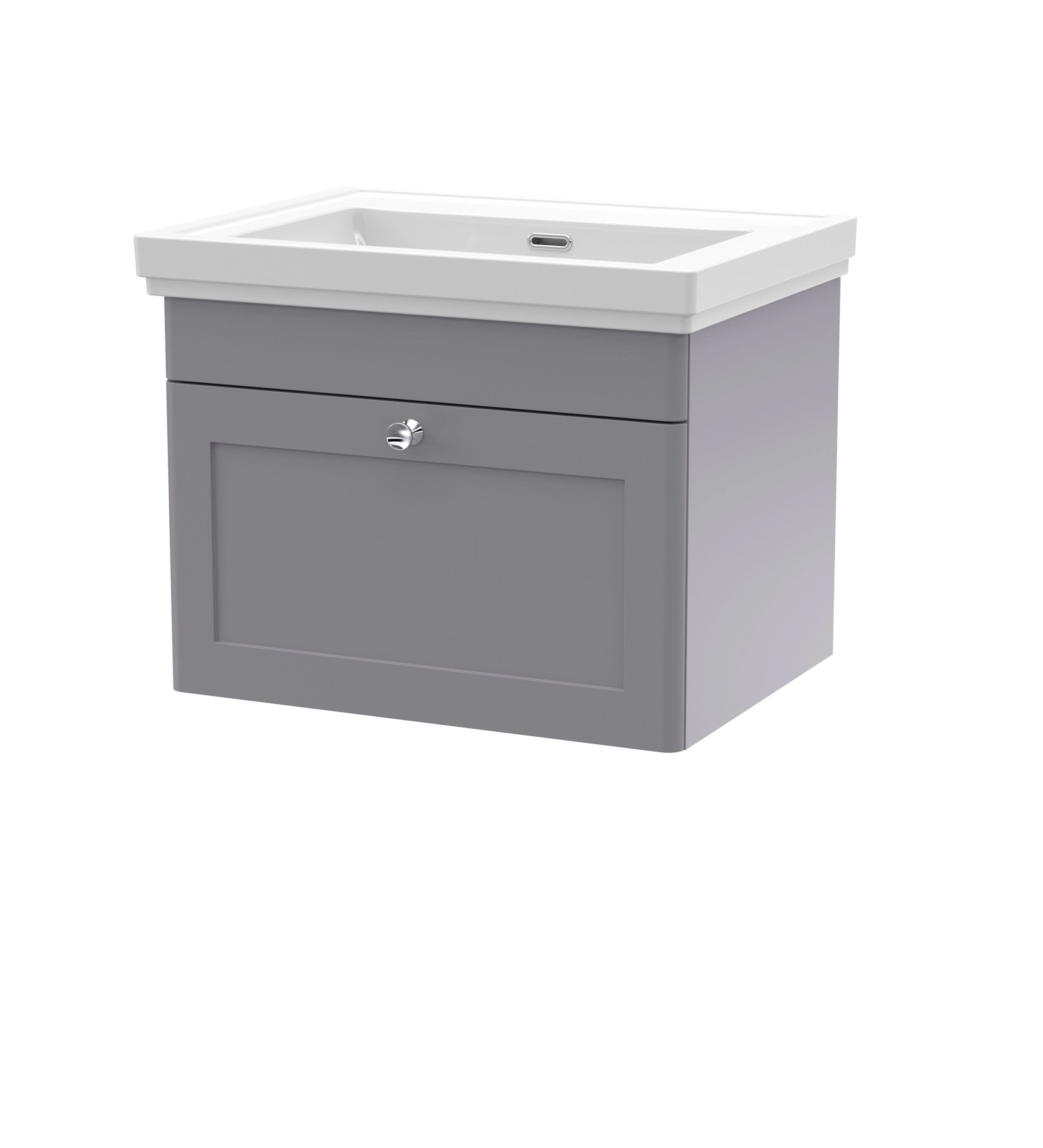 Nuie Classique Wall Hung 1 Drawer Vanity Unit without Tap Hole Fireclay Basin, Contemporary Sink Vanity Unit in Satin Grey with White Basin, 600mm
