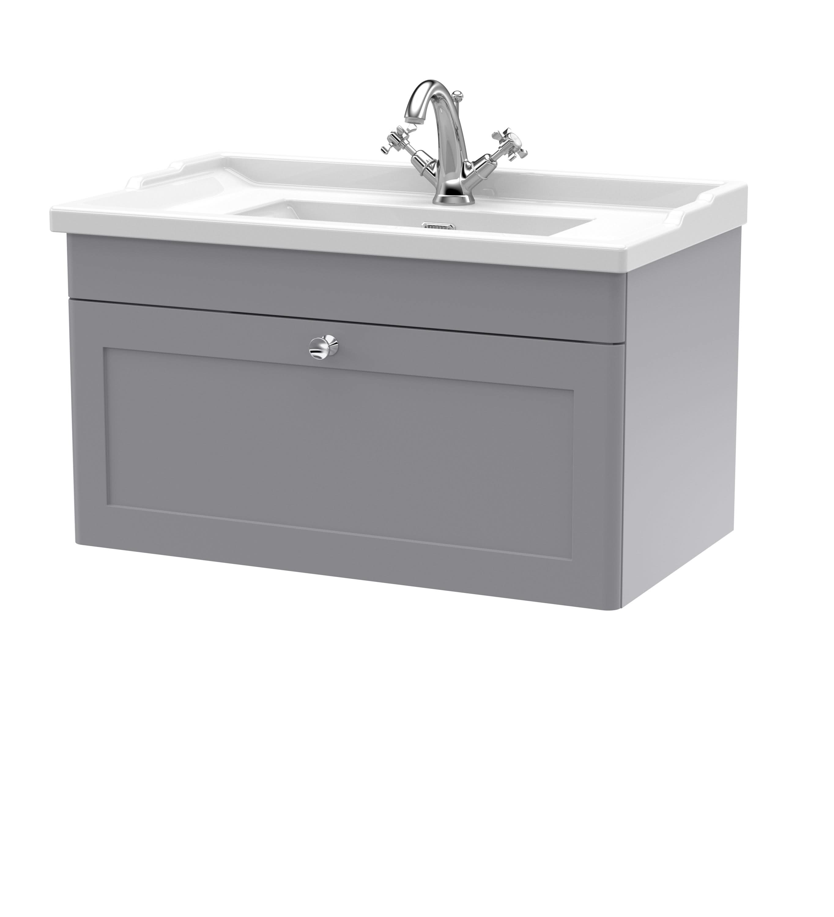Nuie Classique Wall Hung 1 Drawer Vanity Unit & 1 Tap Hole Fireclay Basin, Contemporary Sink Vanity Unit in Satin Grey with White Basin, 800mm