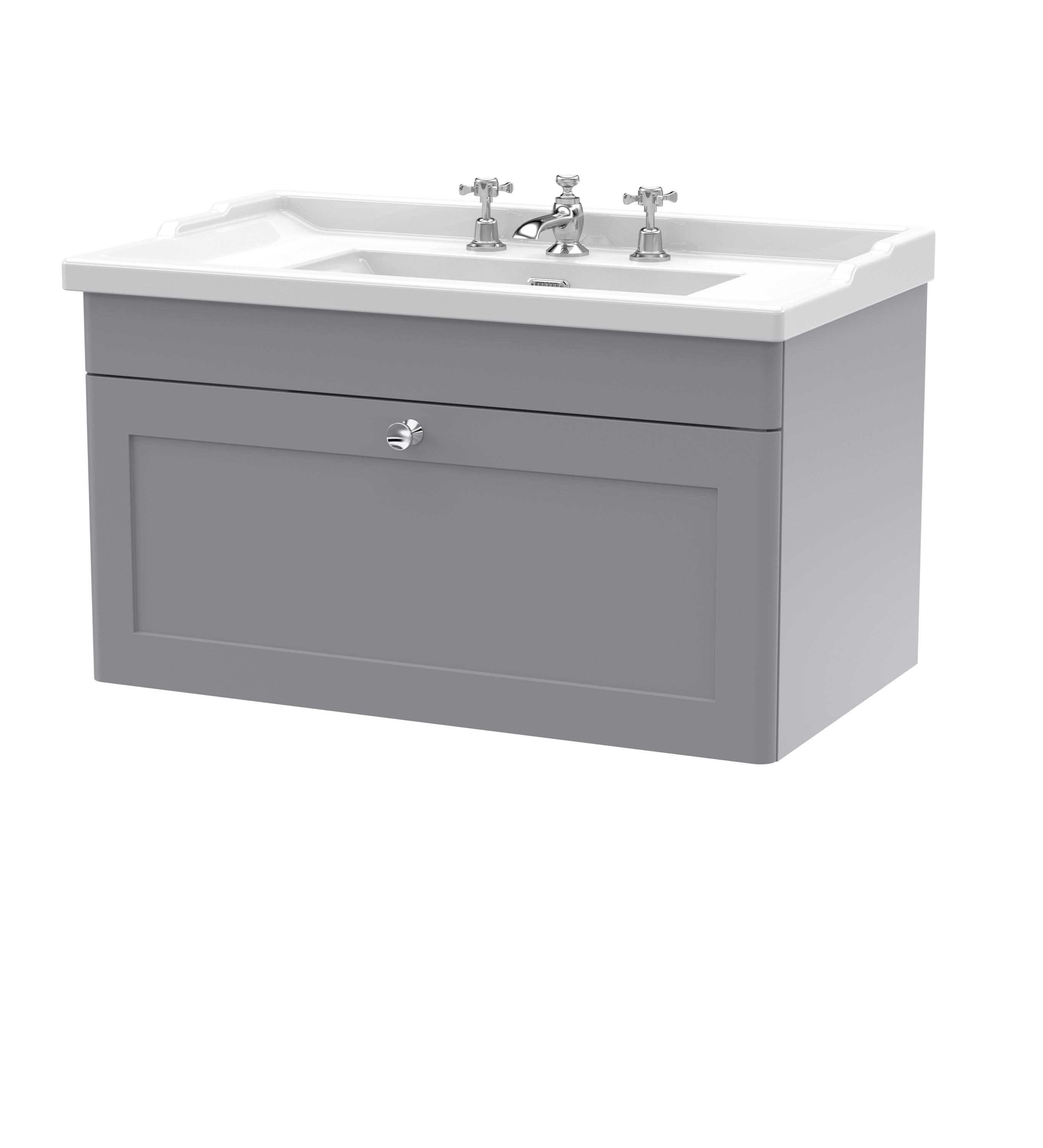 Nuie Classique Wall Hung 1 Drawer Vanity Unit & 1 Tap Hole Fireclay Basin, Contemporary Sink Vanity Unit in Satin Grey with White Basin, 800mm