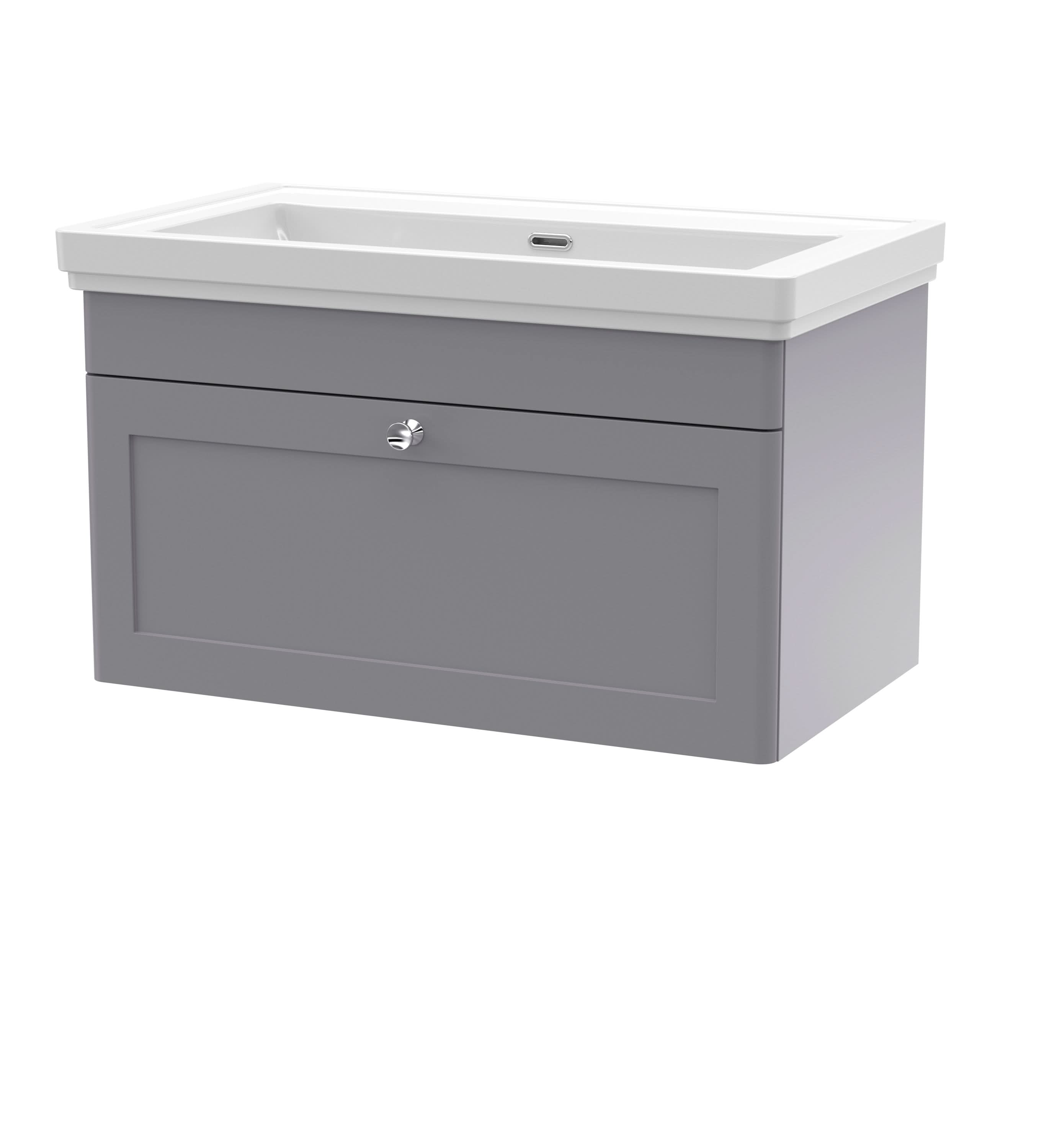 Nuie Classique Wall Hung 1 Drawer Vanity Unit without Tap Hole Fireclay Basin, Contemporary Sink Vanity Unit in Satin Grey with White Basin, 800mm
