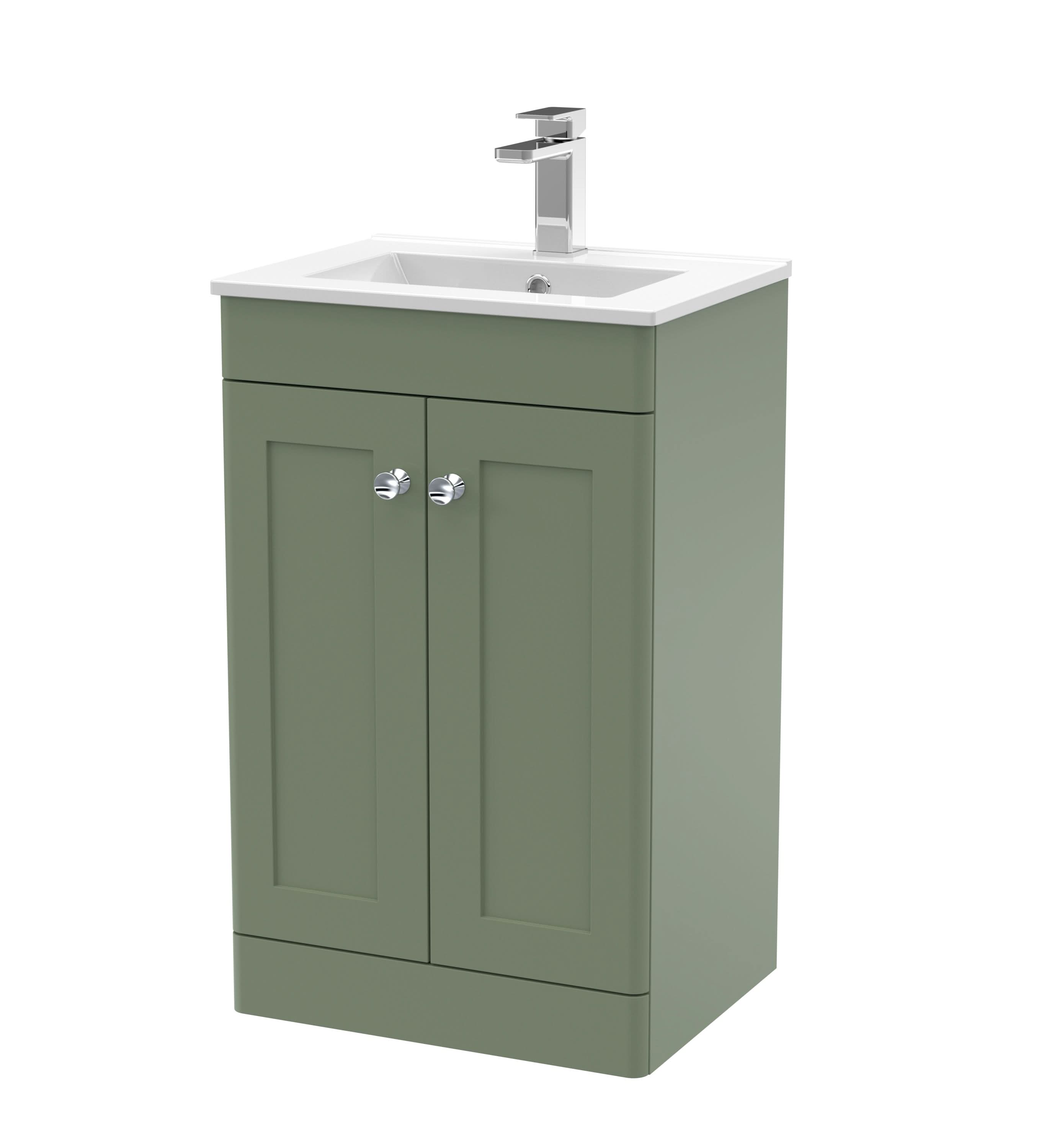 Nuie Classique Floor Standing 2 Door Vanity Unit & Minimalist Ceramic Basin, Contemporary Sink Vanity Unit in Satin Green with White Basin, 500mm