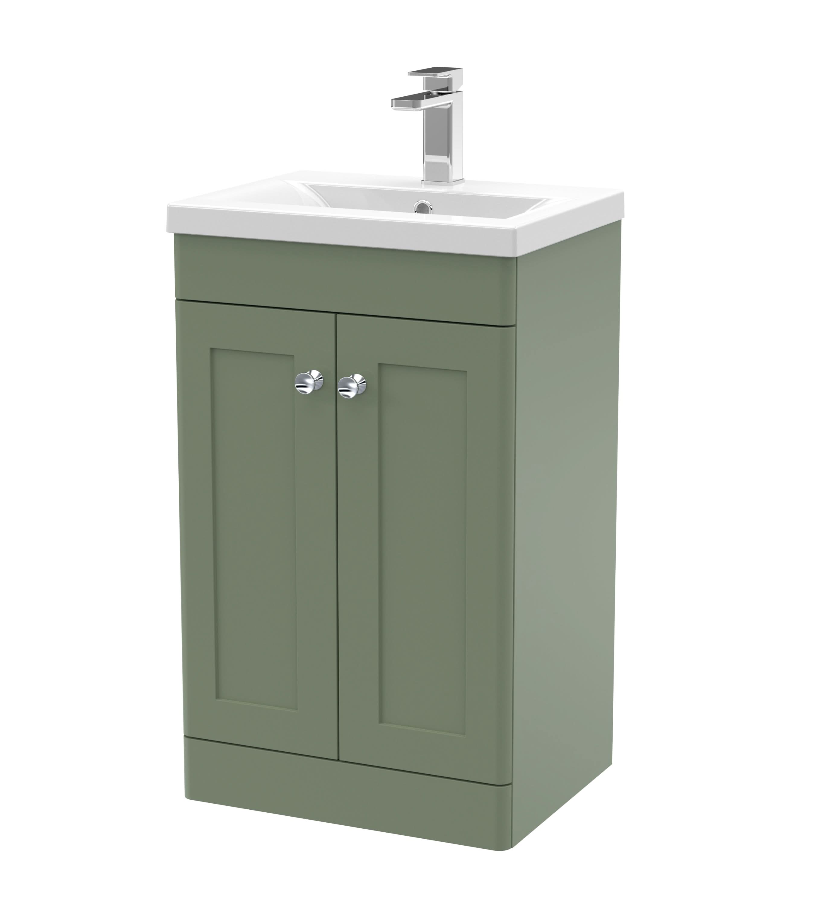 Nuie Classique Floor Standing 2 Door Vanity Unit & Mid-Edge Ceramic Basin, Contemporary Sink Vanity Unit in Satin Green with White Basin, 500mm