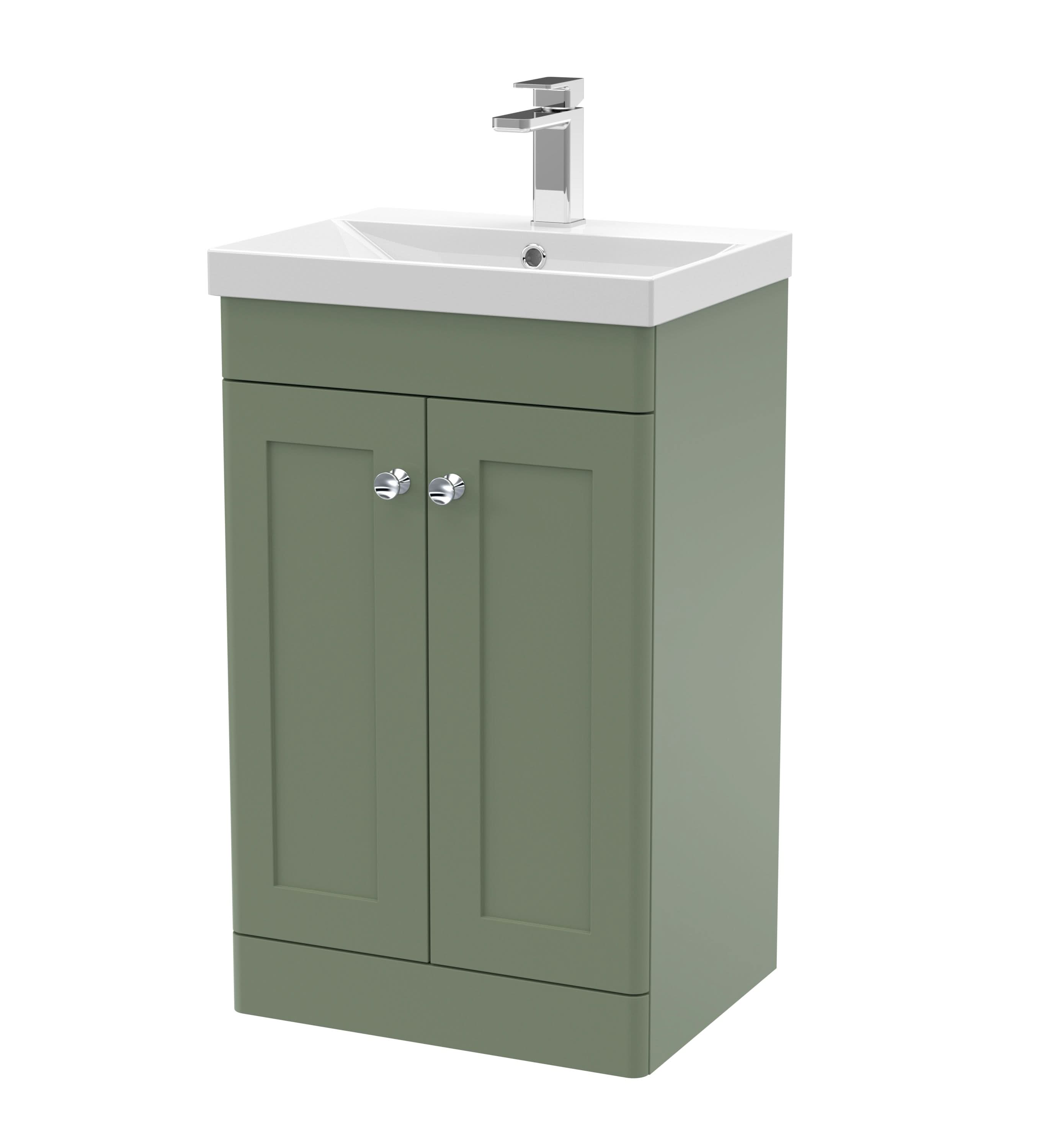 Nuie Classique Floor Standing 2 Door Vanity Unit &Thin-Edge Ceramic Basin, Contemporary Sink Vanity Unit in Satin Green with White Basin, 500mm