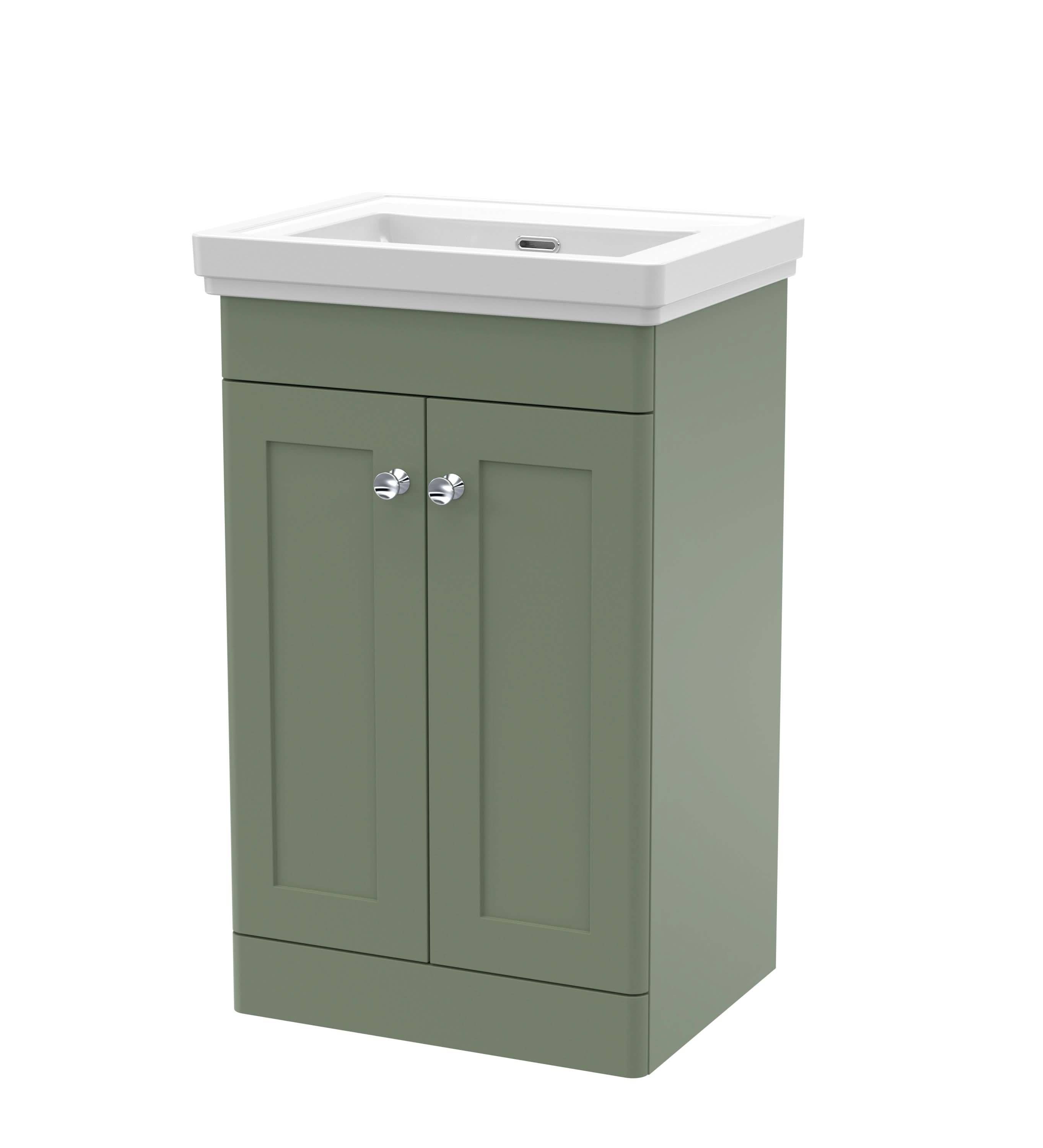 Nuie Classique Floor Standing 2 Door Vanity Unit without Tap Hole Fireclay Basin, Contemporary Sink Vanity Unit in Satin Green with White Basin, 500mm