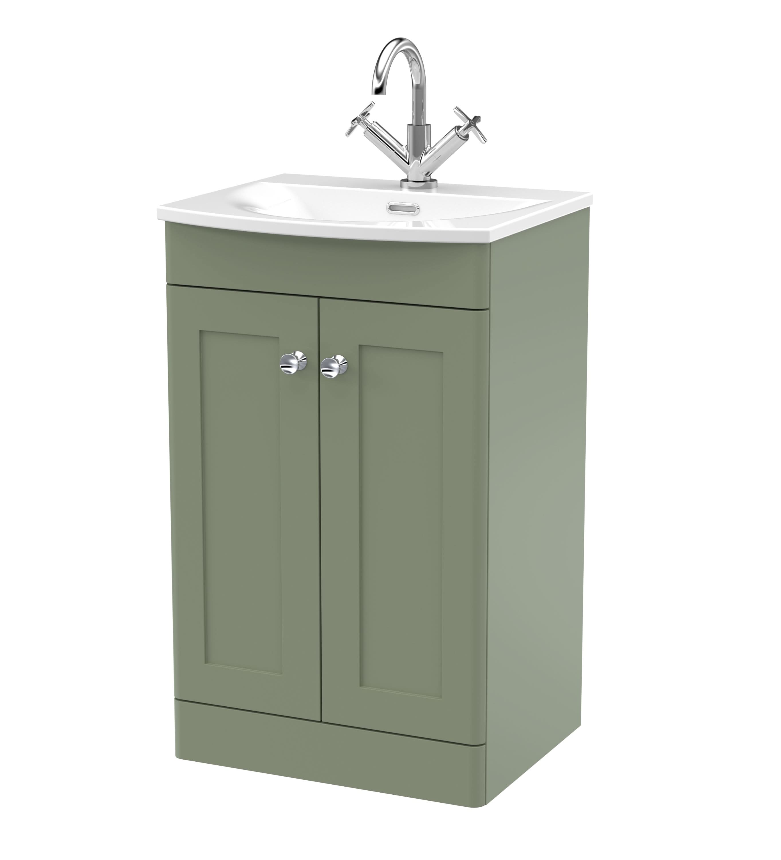 Nuie Classique Floor Standing 2 Door Vanity Unit & Curved Ceramic Basin, Contemporary Sink Vanity Unit in Satin Green with White Basin, 500mm