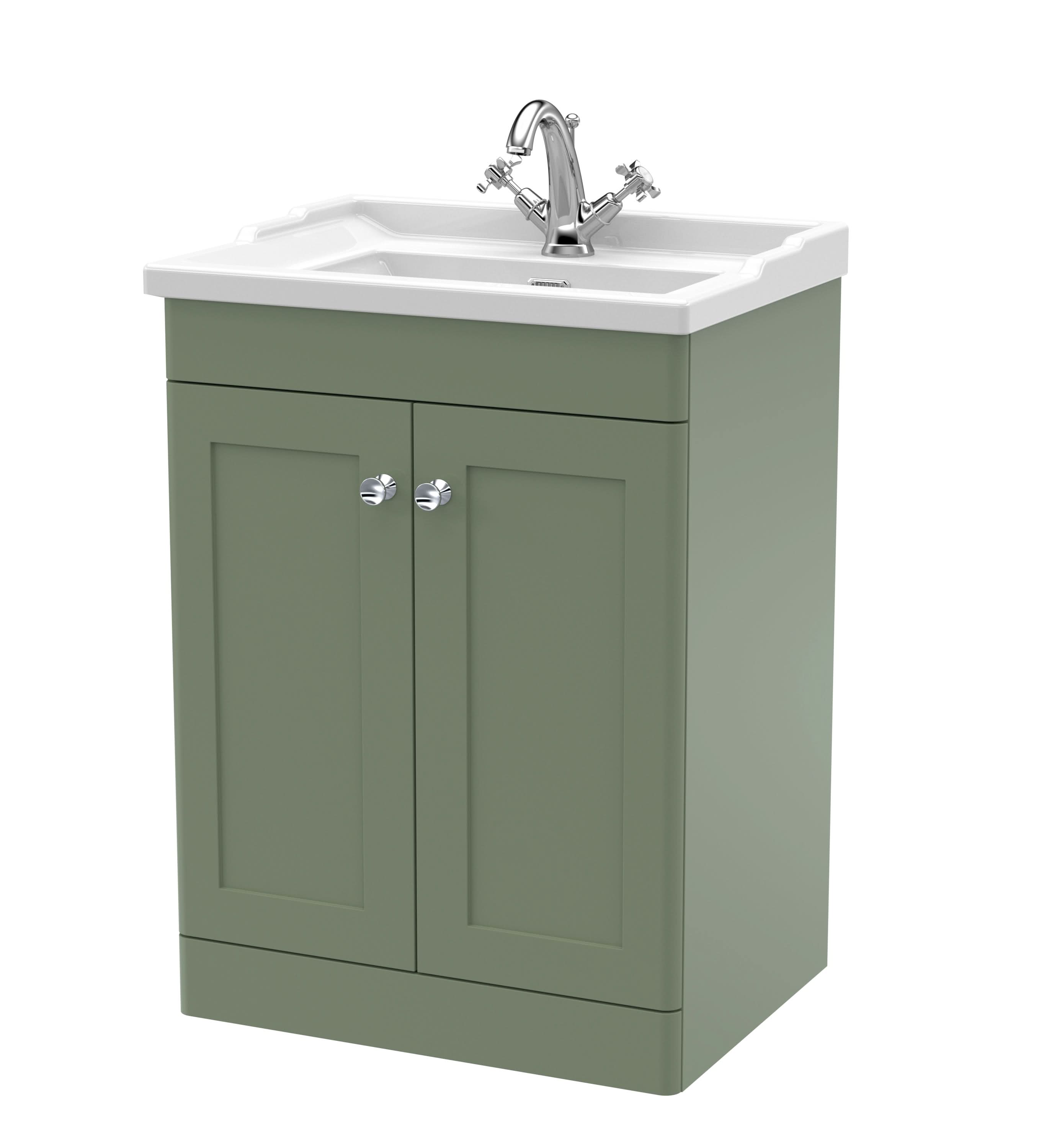 Nuie Classique Floor Standing 2 Door Vanity Unit & 1 Tap Hole Fireclay Basin, Contemporary Sink Vanity Unit in Satin Green with White Basin, 600mm