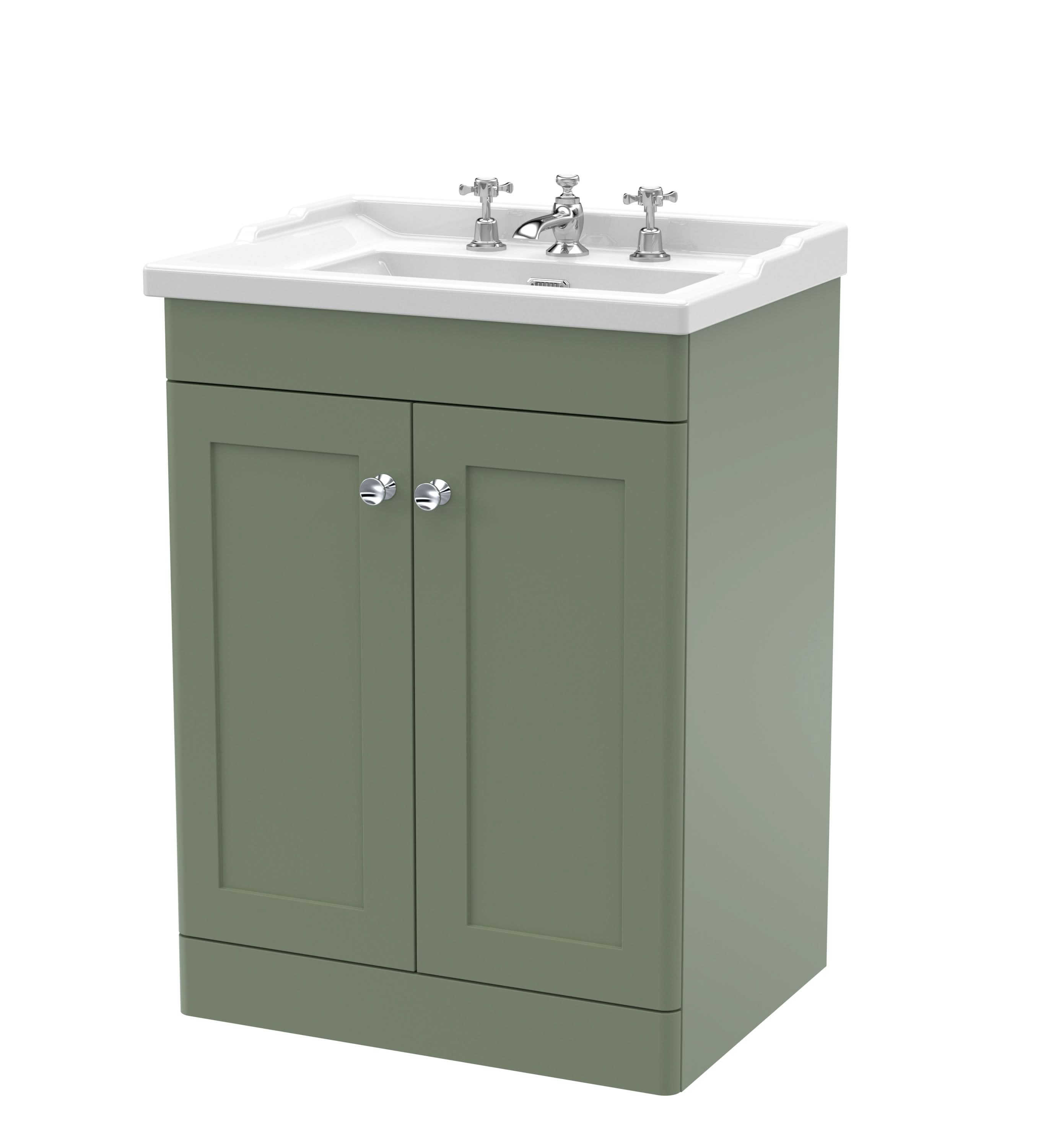 Nuie Classique Floor Standing 2 Door Vanity Unit & 3 Tap Hole Fireclay Basin, Contemporary Sink Vanity Unit in Satin Green with White Basin, 600mm