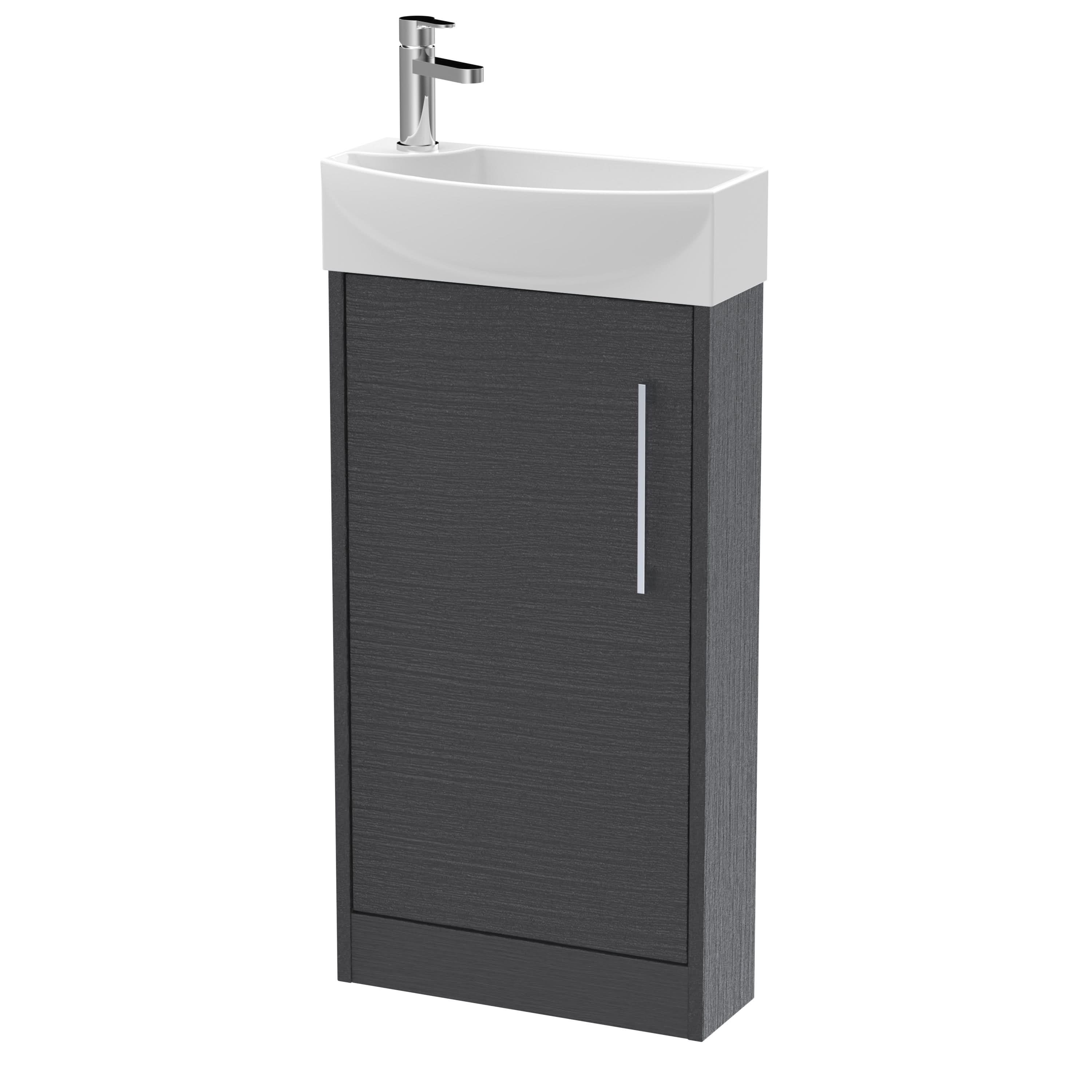 Hudson Reed Juno Compact Floor Standing Single Door Unit and 1 Tap Hole Basin, Right Hand Cloakroom Sink Vanity Unit, Graphite Grey Woodgrain, 440mm