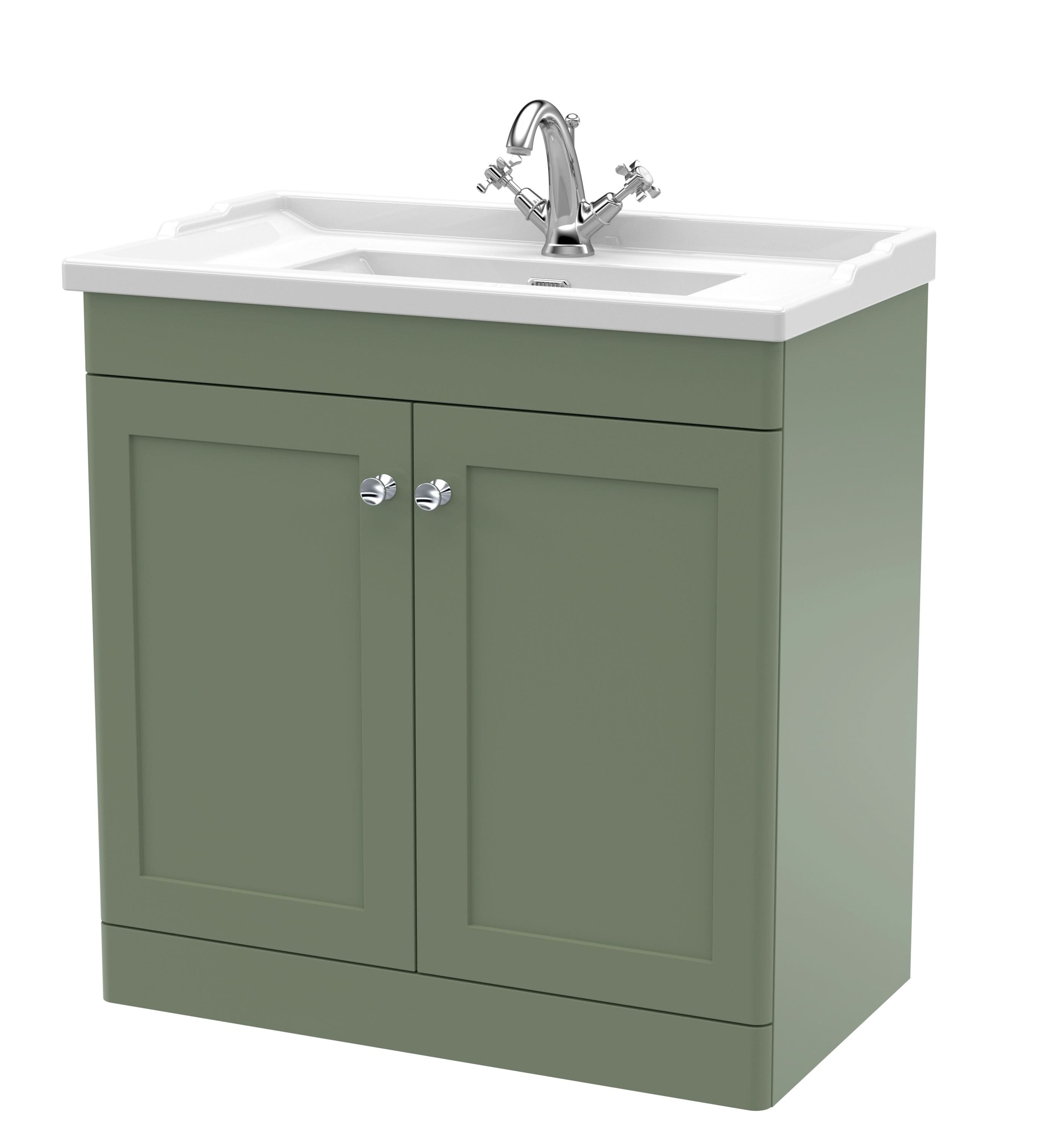 Nuie Classique Floor Standing 2 Door Vanity Unit & 1 Tap Hole Fireclay Basin, Contemporary Sink Vanity Unit in Satin Green with White Basin, 800mm