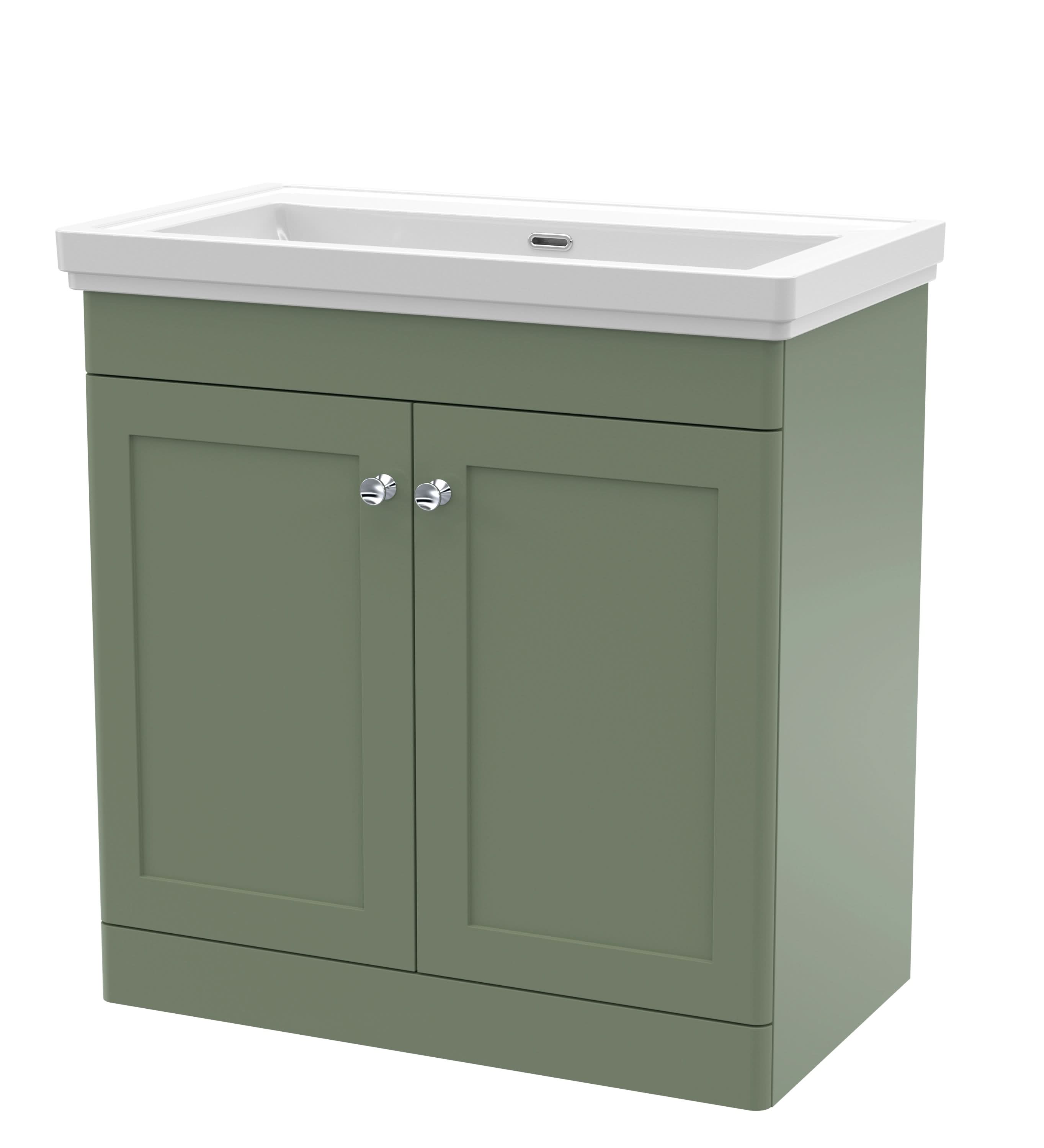 Nuie Classique Floor Standing 2 Door Vanity Unit without Tap Hole Fireclay Basin, Contemporary Sink Vanity Unit in Satin Green with White Basin, 800mm