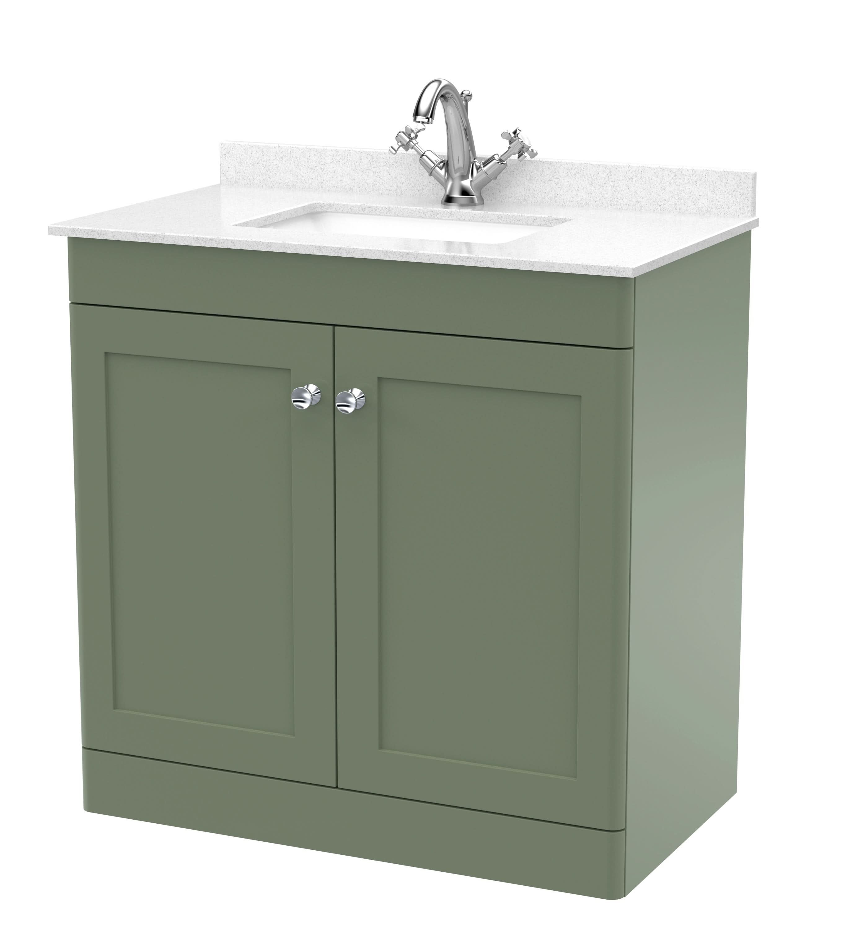 Nuie Classique Floor Standing 2 Door Vanity Unit & 1 Tap Hole White Marble Top with Square Basin, Contemporary Sink Vanity Unit in Satin Green with White Basin, 800mm