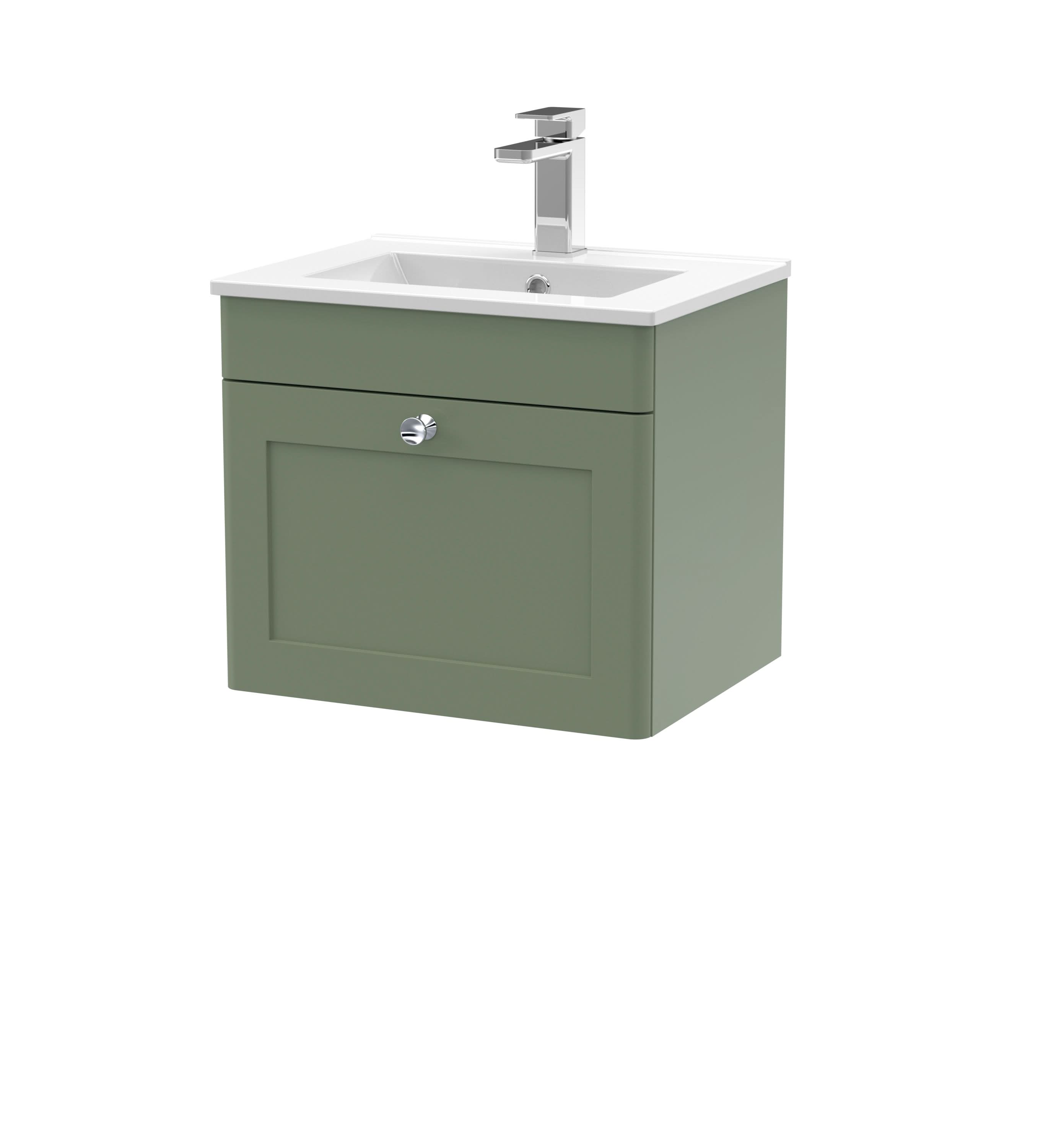 Nuie Classique Wall Hung 1 Drawer Vanity Unit & Minimalist Ceramic Basin, Stylish Sink Vanity Unit in Satin Green with White Basin, 500mm