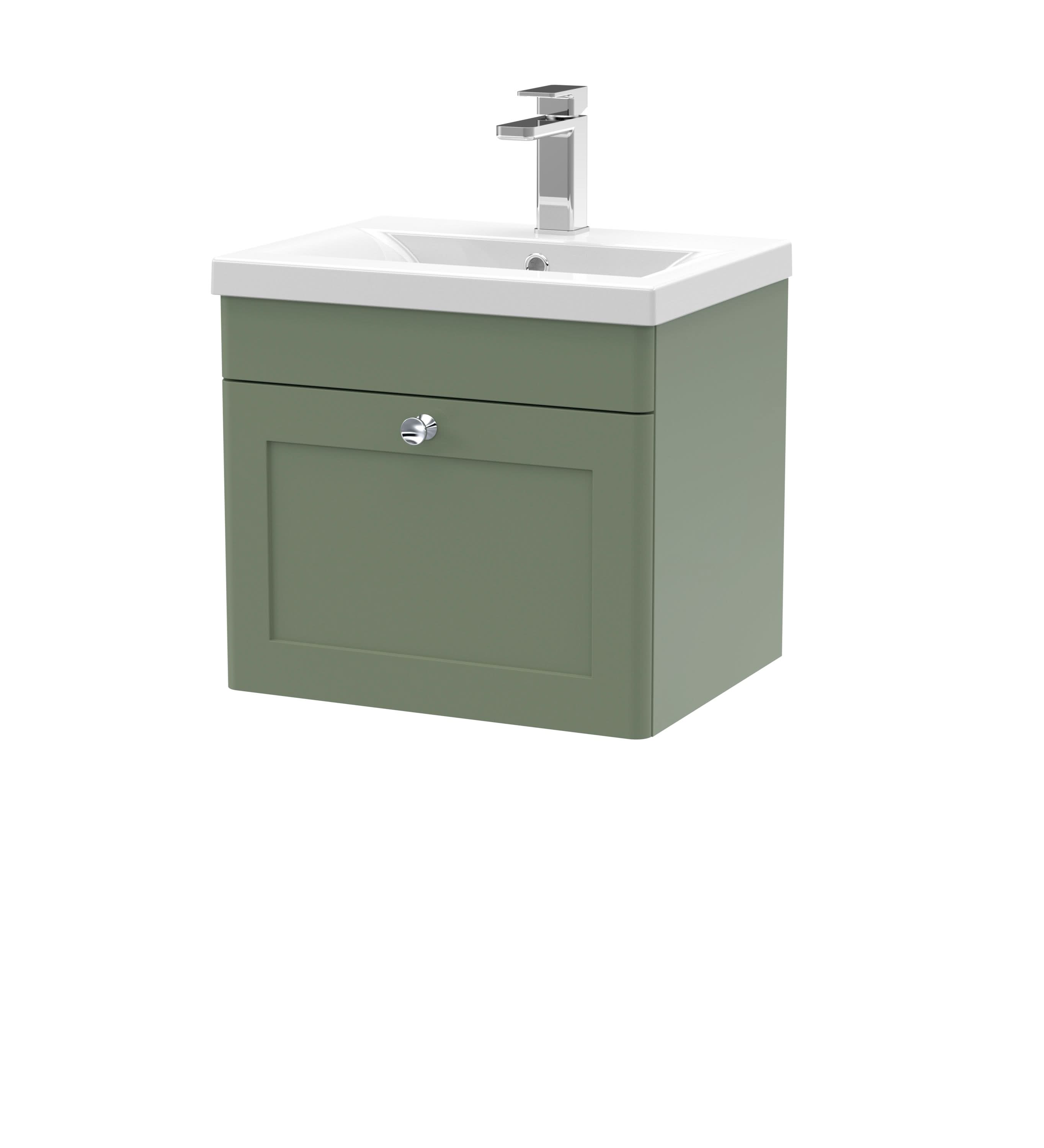 Nuie Classique Wall Hung 1 Drawer Vanity Unit & Mid-Edge Ceramic Basin, Stylish Sink Vanity Unit in Satin Green with White Basin, 500mm