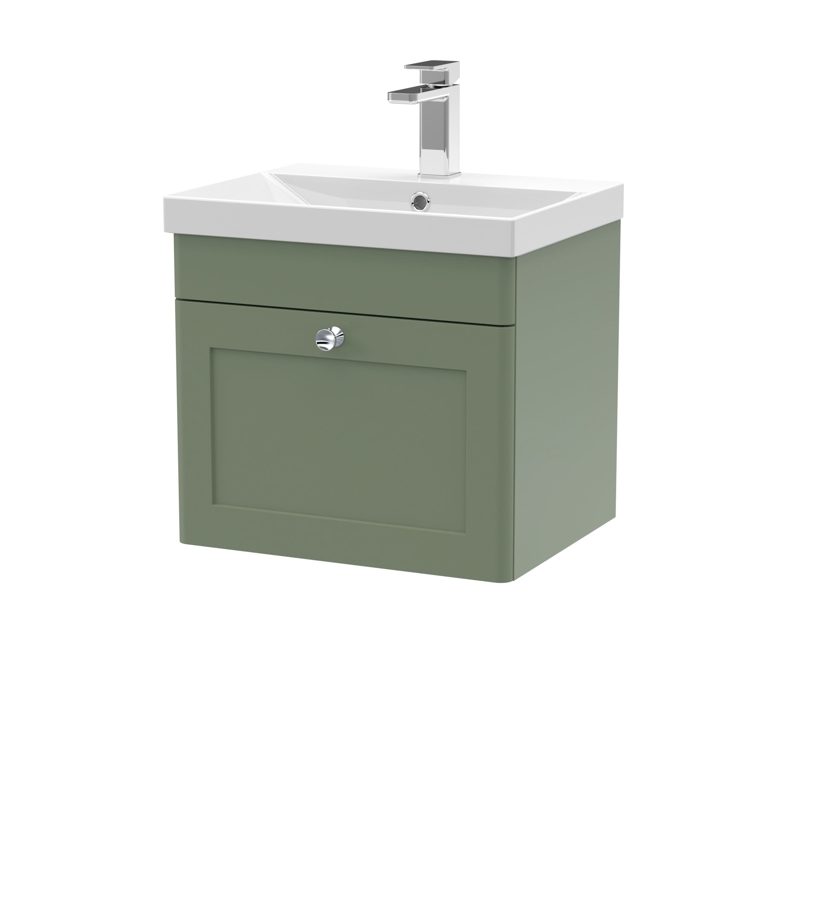Nuie Classique Wall Hung 1 Drawer Vanity Unit & Thin-Edge Ceramic Basin, Stylish Sink Vanity Unit in Satin Green with White Basin, 500mm