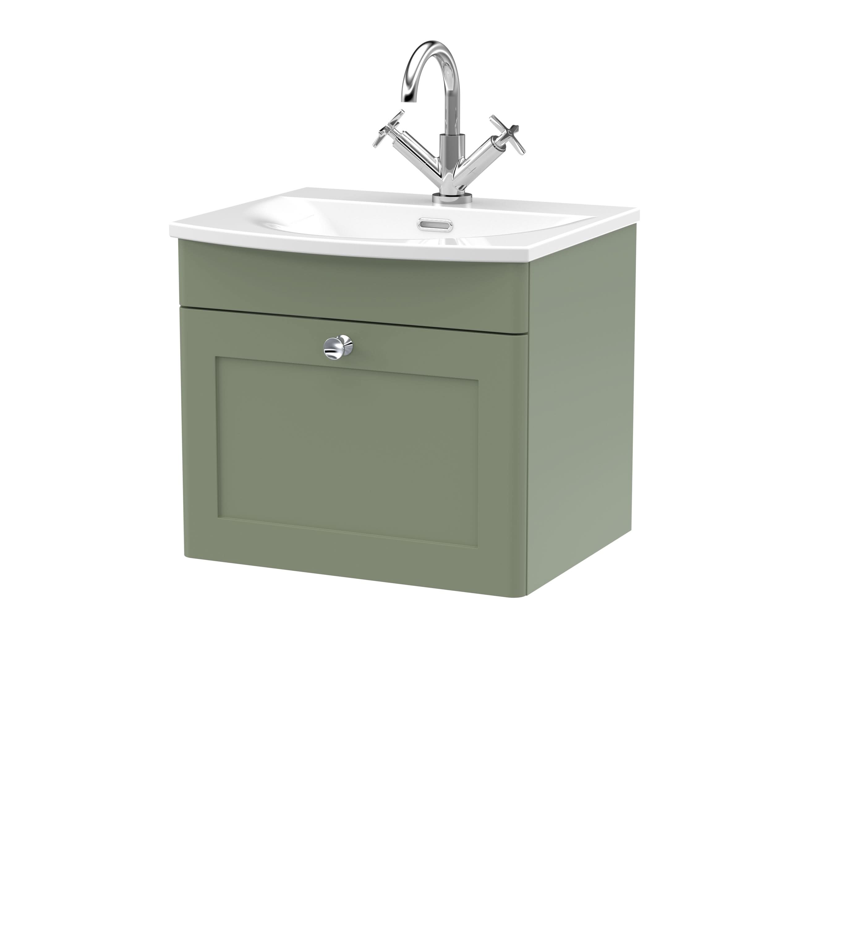 Nuie Classique Wall Hung 1 Drawer Vanity Unit & Curved Ceramic Basin, Stylish Sink Vanity Unit in Satin Green with White Basin, 500mm