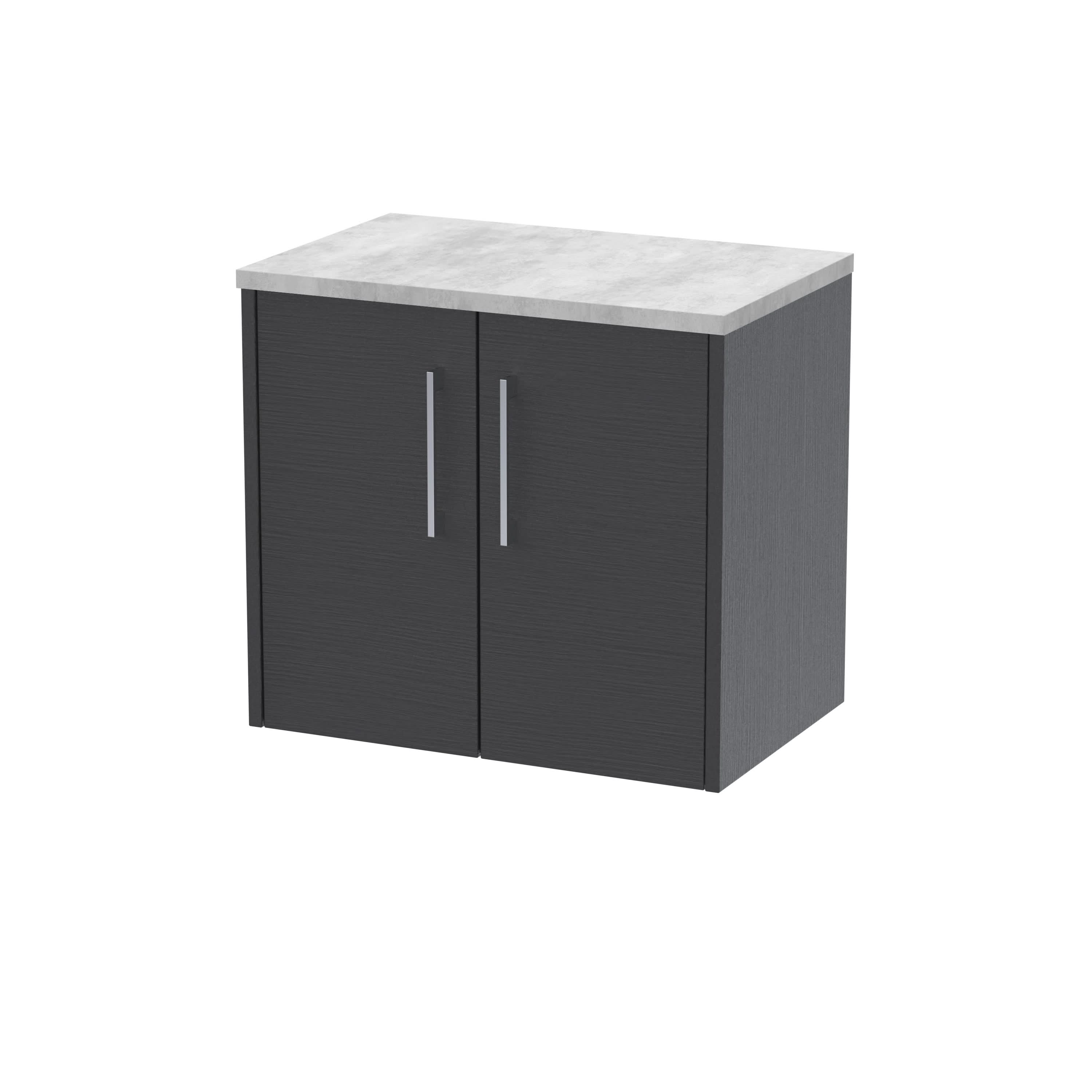 Hudson Reed Juno Wall Hung 2-Door Vanity Unit & Bellato Grey Worktop, Countertop Basin Unit in Graphite Grey Woodgrain, 600mm