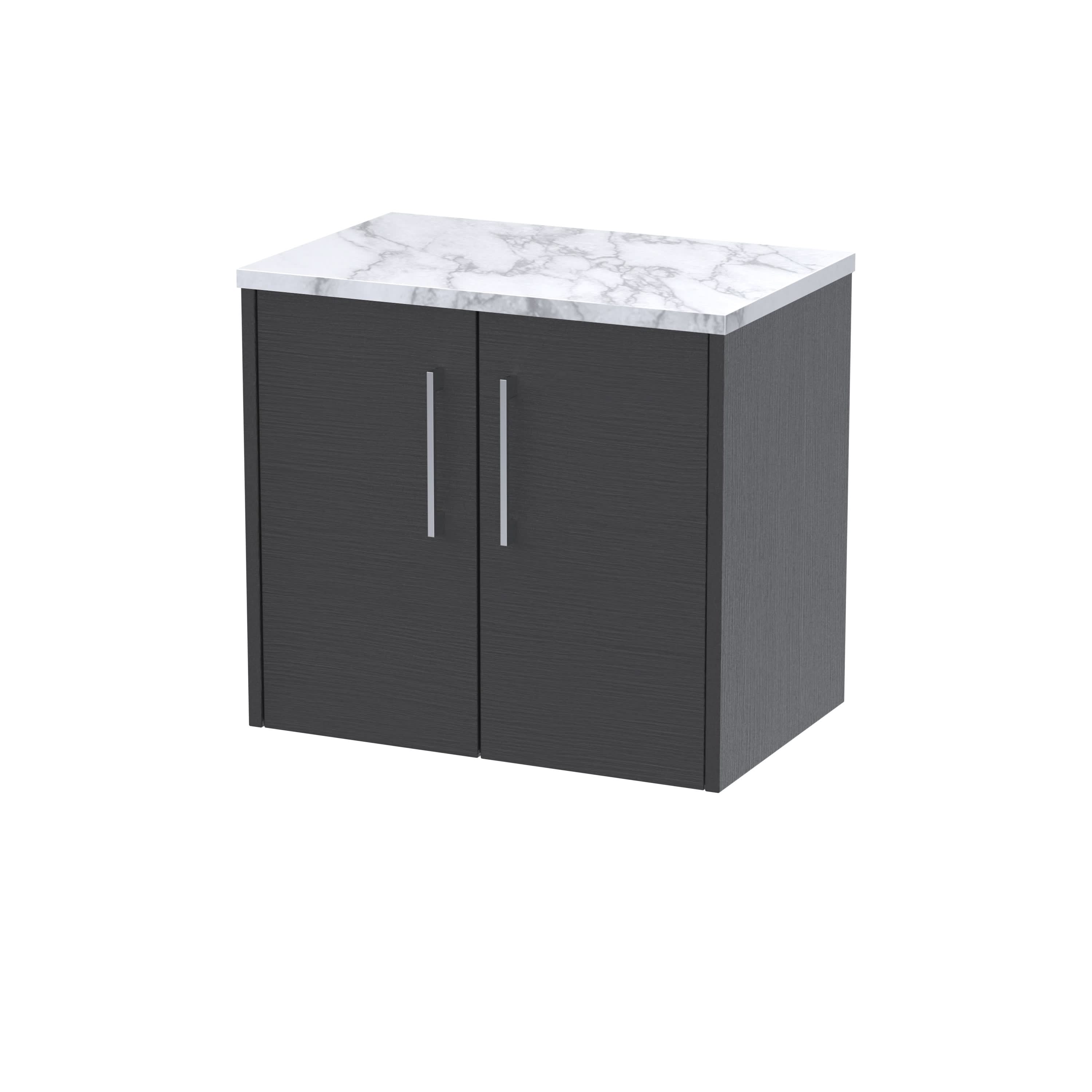Hudson Reed Juno Wall Hung 2-Door Vanity Unit & Carrera Marble Worktop, Countertop Basin Unit in Graphite Grey Woodgrain, 600mm