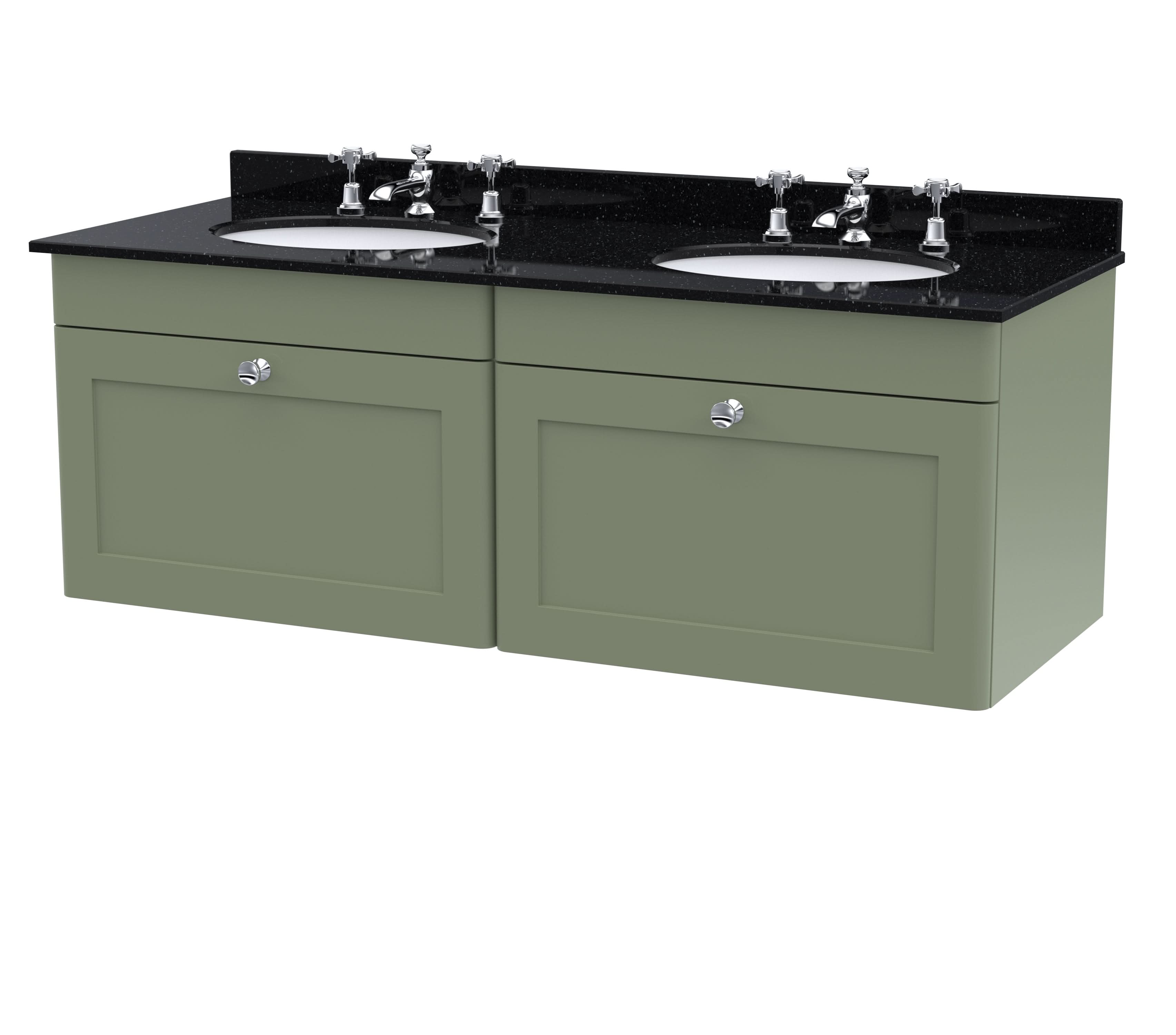 Nuie Classique Wall Hung 2 Drawer Vanity Unit & 3 Tap Hole Black Marble Top with Oval Basin, Stylish Sink Vanity Unit in Satin Green with White Basin, 1200mm
