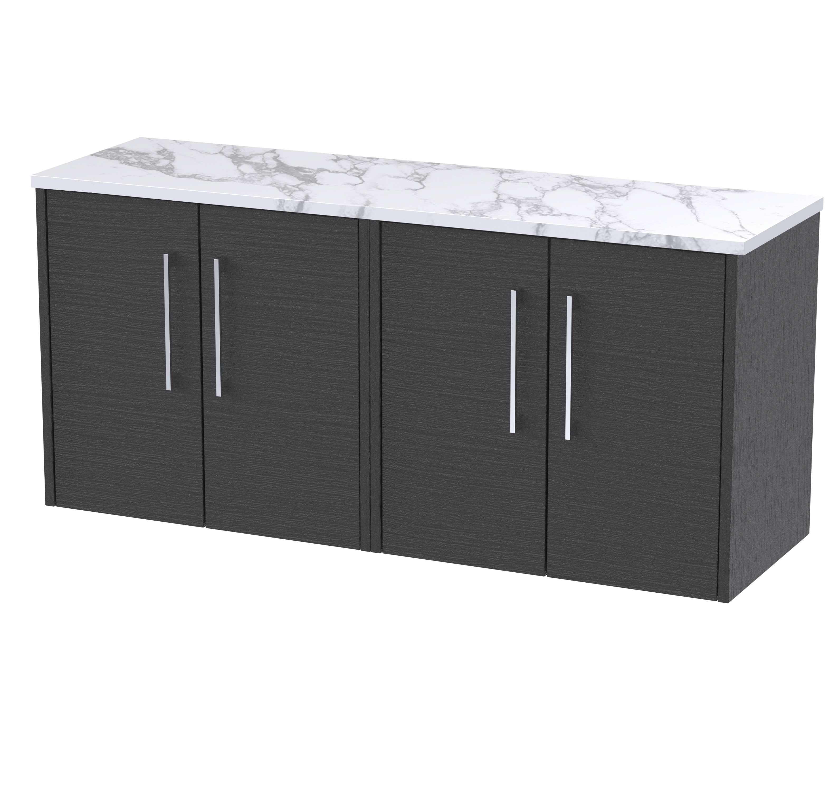 Hudson Reed Juno Wall Hung 4-Door Vanity Unit & Carrera Marble Worktop, Countertop Basin Unit in Graphite Grey Woodgrain, 1200mm