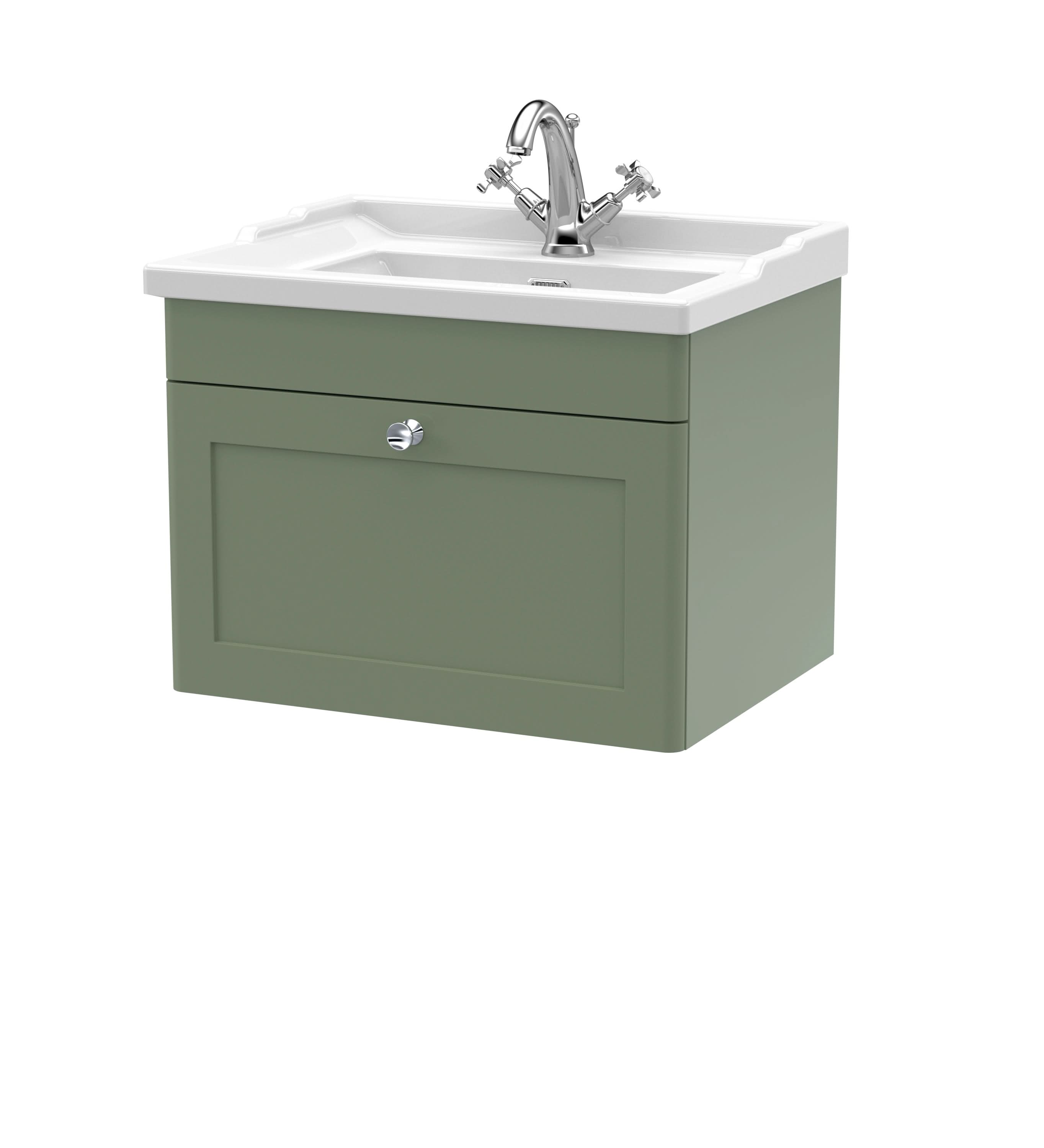 Nuie Classique Wall Hung 1 Drawer Vanity Unit & 1 Tap Hole Fireclay Basin, Stylish Sink Vanity Unit in Satin Green with White Basin, 600mm