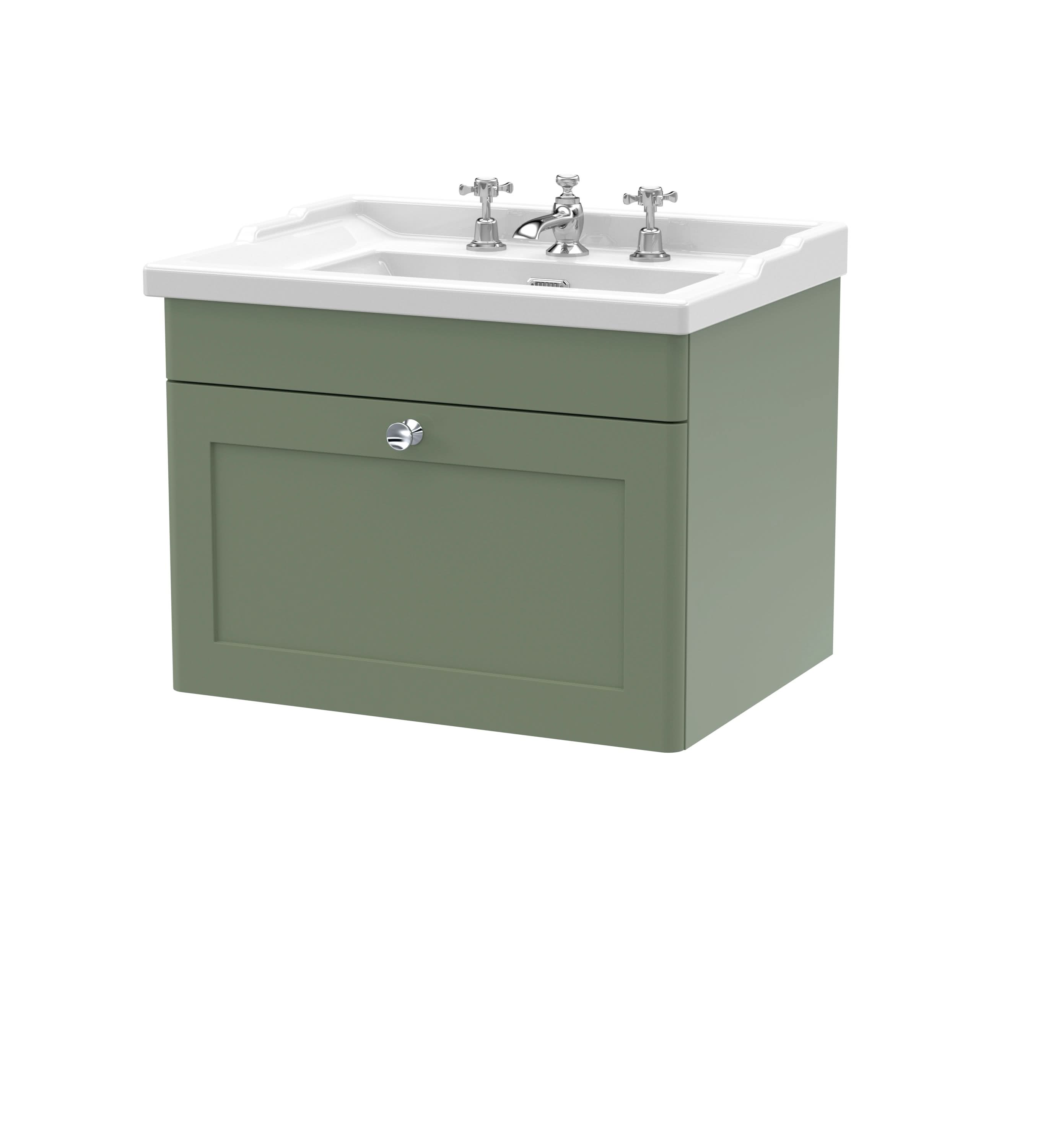 Nuie Classique Wall Hung 1 Drawer Vanity Unit & 3 Tap Hole Fireclay Basin, Stylish Sink Vanity Unit in Satin Green with White Basin, 600mm