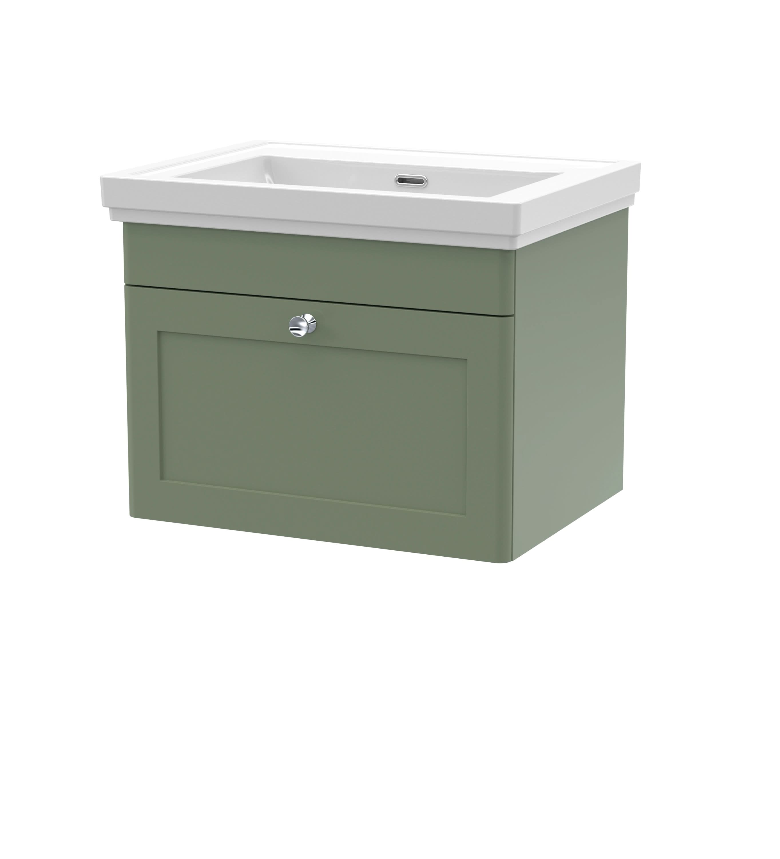 Nuie Classique Wall Hung 1 Drawer Vanity Unit without Tap Hole Fireclay Basin, Stylish Sink Vanity Unit in Satin Green with White Basin, 600mm